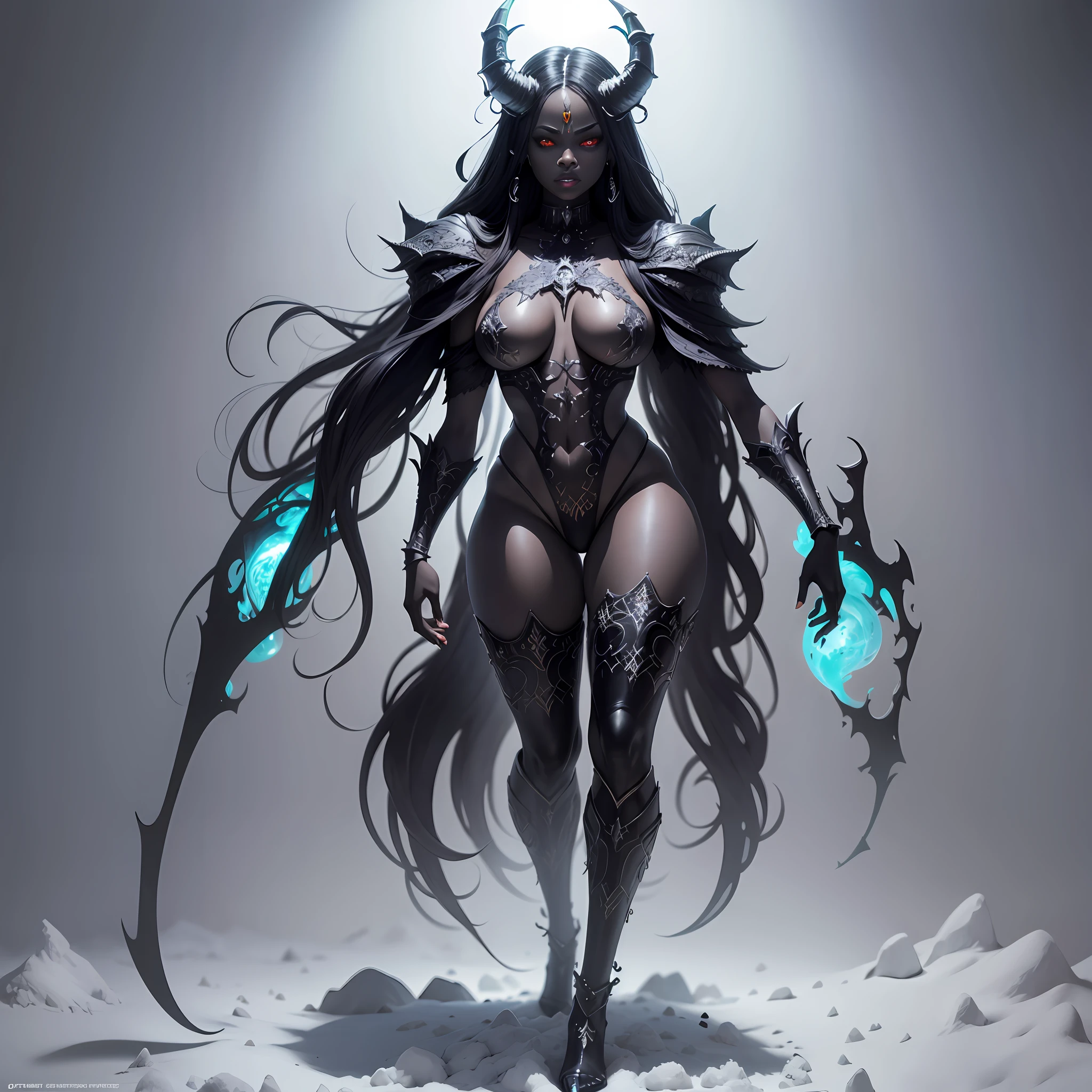 create a demon, full body character design, rudi giger, full body shot, yoruba, dark fantasy, hyperrealistic, snow sculpture, cinematic lighting, lucifer, afrocentric interior design, macabre outfit, ☦️, hell, devil, black woman, crone, sem duas cabeças, sem defeitos nas mãos --auto --s2