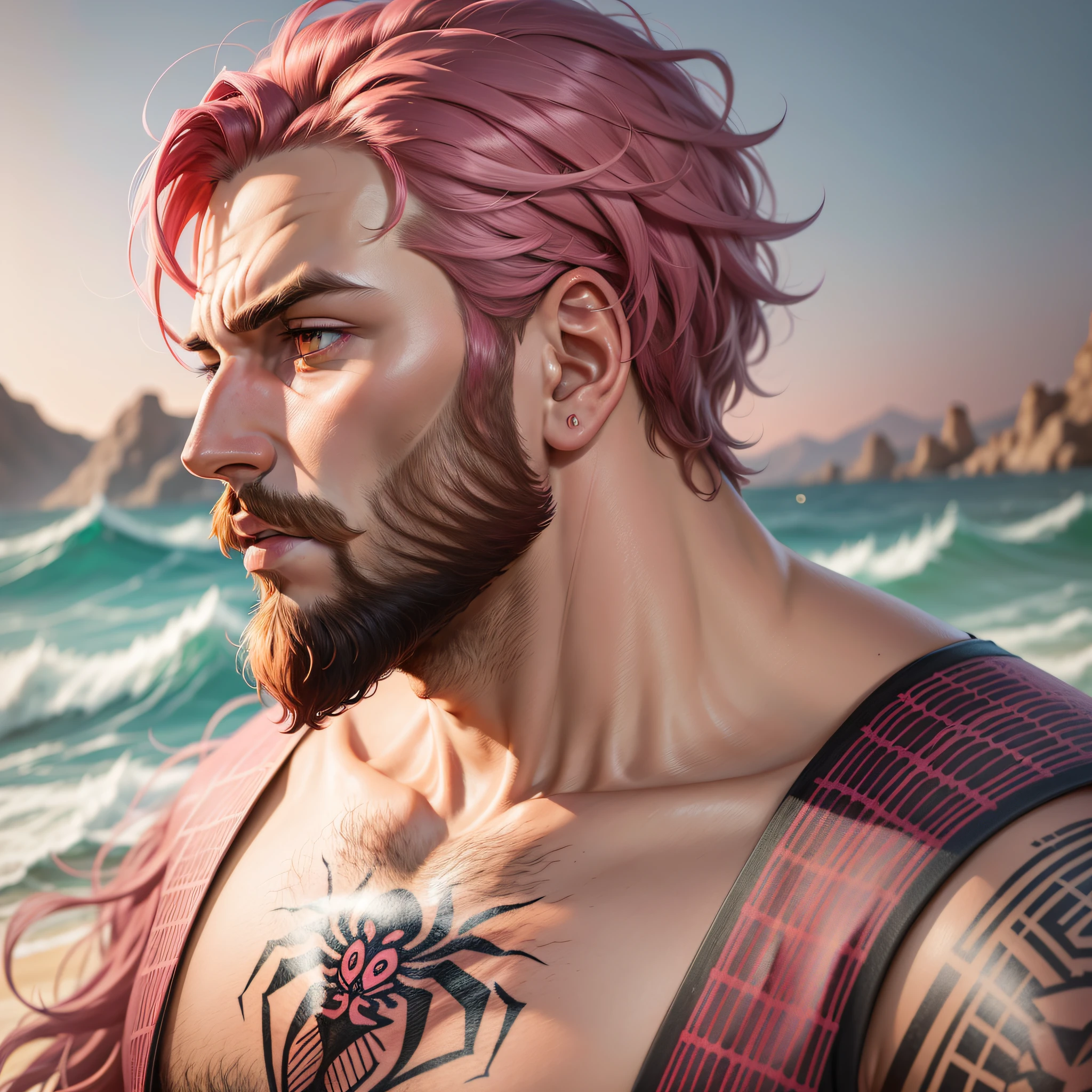 A man with short degrade hair in pink color, his eyes are orange, his beard is very short, he has a spider tattoo on his neck, the background has to do with the sea, realistic drawing style, accurate waves, profile picture, focus on the face