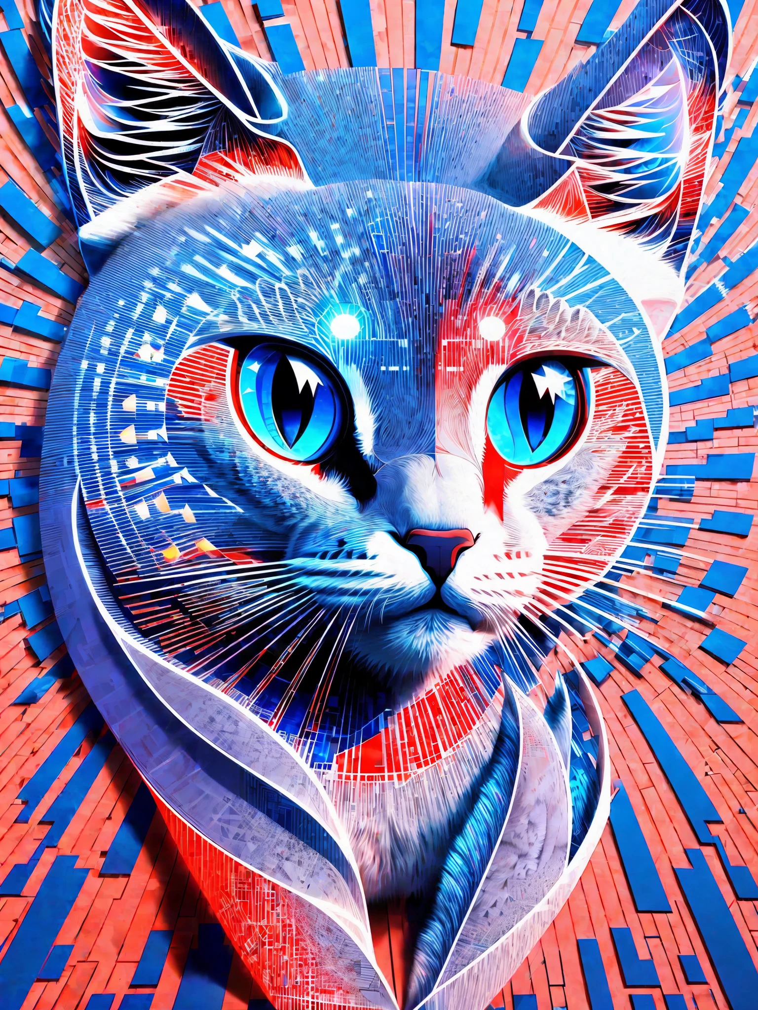 Algorithmic digital generative art. Create a white cat by taking selfies. Monochrome background of red and blue, illuminated by the sun. Elements: a moon at the top right and a sun at the top left. --auto --s2