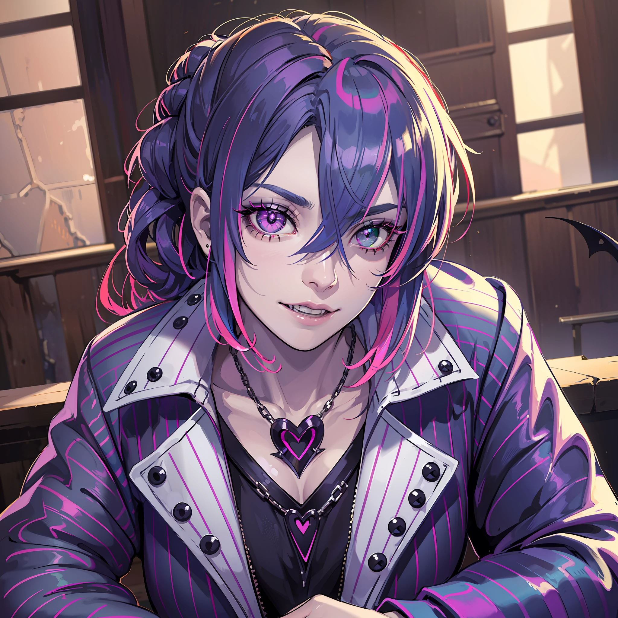 Beetlejuice, official art, 1girl, solo,(demonic, semi realistic, demonic, shiny skin, textured skin),holographic eyes, heterochromia, purple eyes, striped jacket,striped shirt, two tone hair, streaked hair, multicolored hair, red hair, green hair, wild hair, evil scene,teeth, side lighting, ray tracing, depth of field, solo, extreme light and shadow, masterpiece, post apocalyptic, sexy, beautiful , scary, rich in detail,(detailed eyes), (handsome) detailed, (dirt splotches), (horror theme), (beetlejuice), detailed eyes,(straight-on),(masterpiece), (best quality), (ultra-detailed), (best illustration),(best shadow),rim lighting, beetlejuice, ((Beetlejuice)), crazy grin, crazy