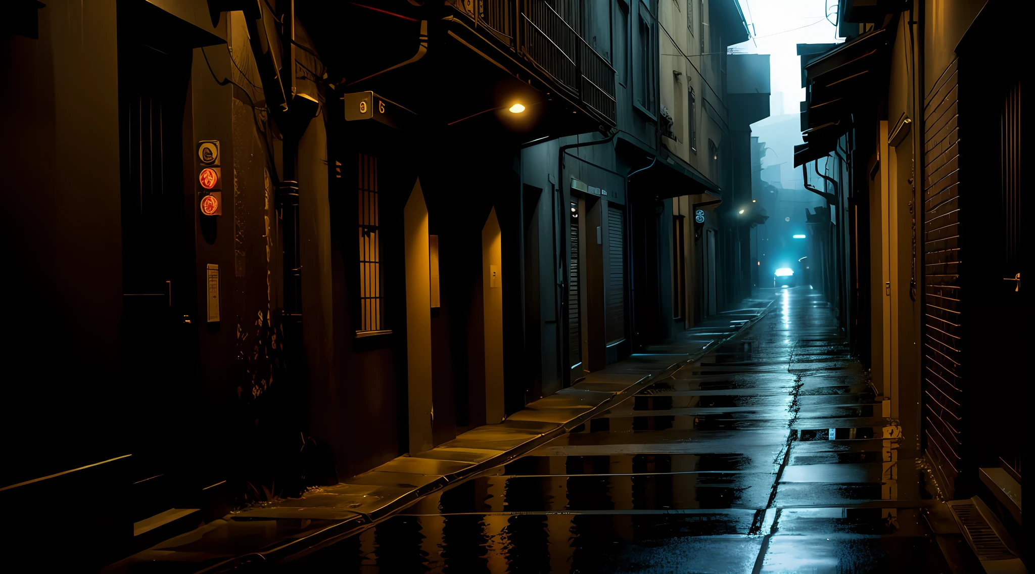 long and lonely dark alley, rainy, at night, urban city, dark