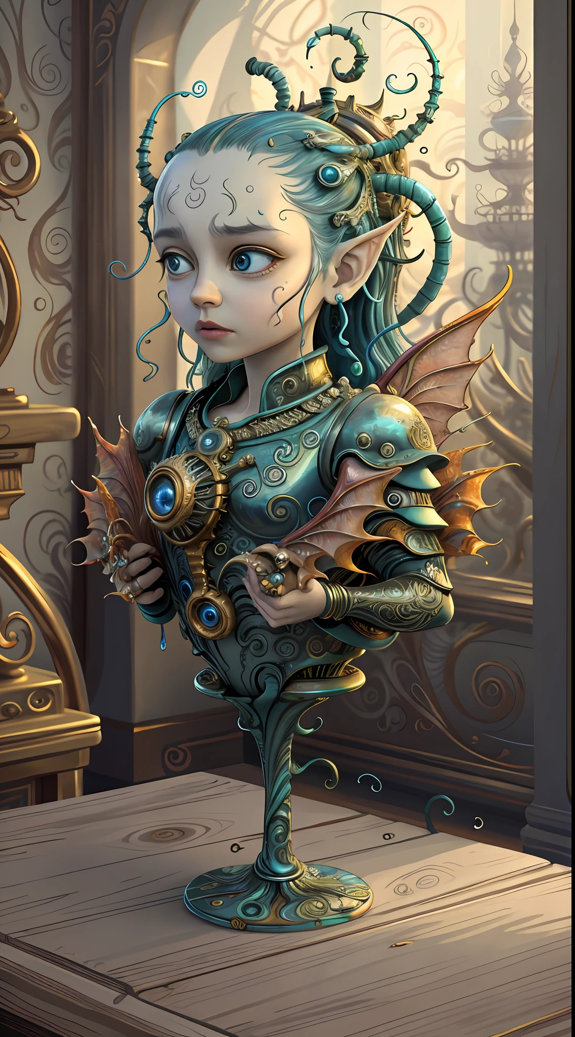 (best quality: 1.4), (masterpiece: 1.2), detailed, complex, high resolution, iridescent colors, A charming and fascinating creature with otherworldly forms that blend the best aspects of the monster human form and the innocent charm of a precocious , scales, wings, blue, texture, complex, gorgeous, 3D, highly detailed, decorative style, Tim Burton, Dale Chihuly, Bruce Zheng, Cyril Rolando, H. R. Giger $plastic$ Grid: Real Lenoid afremov style, wet, fire