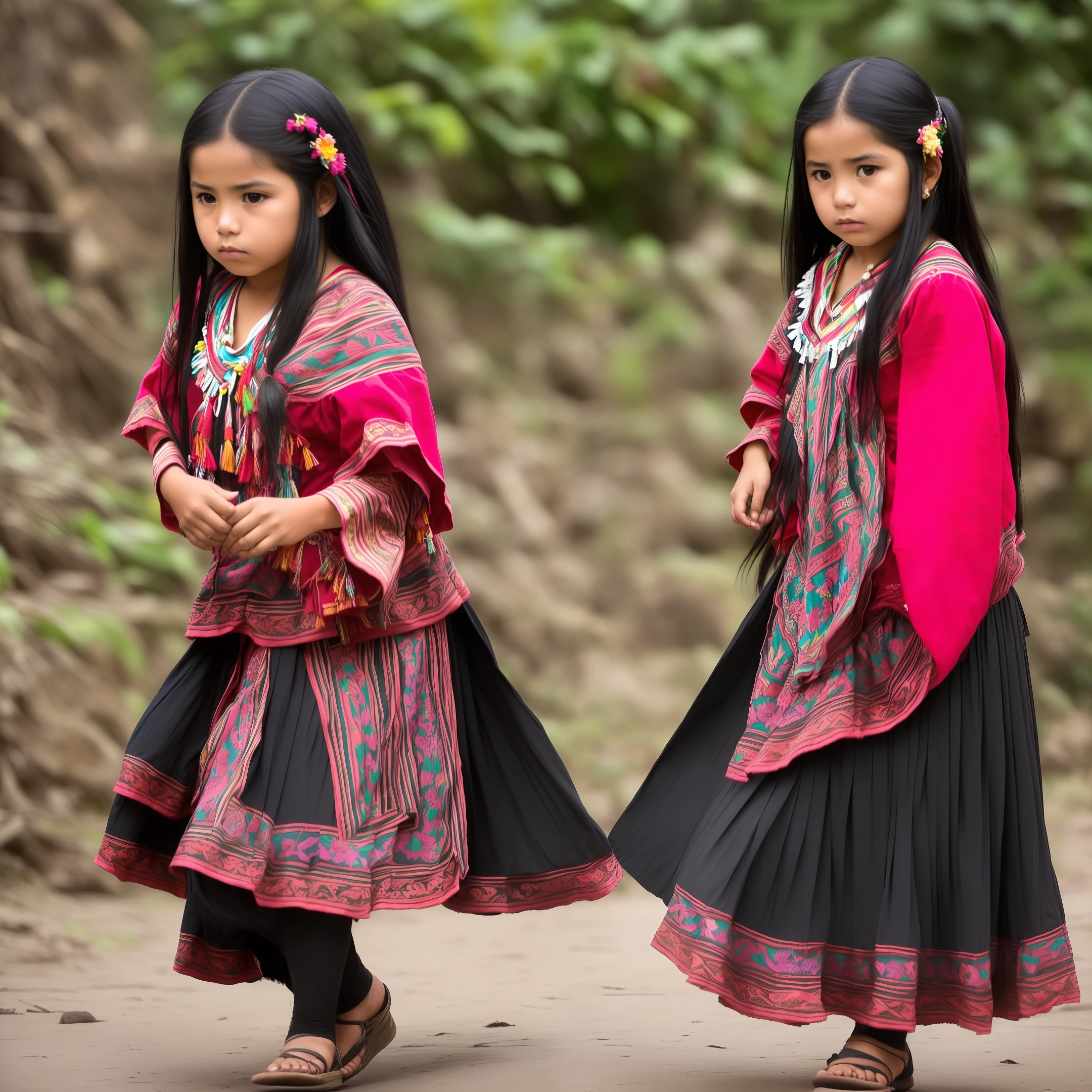 Cute girl with semi-long black hair dancing Guatemalan dance