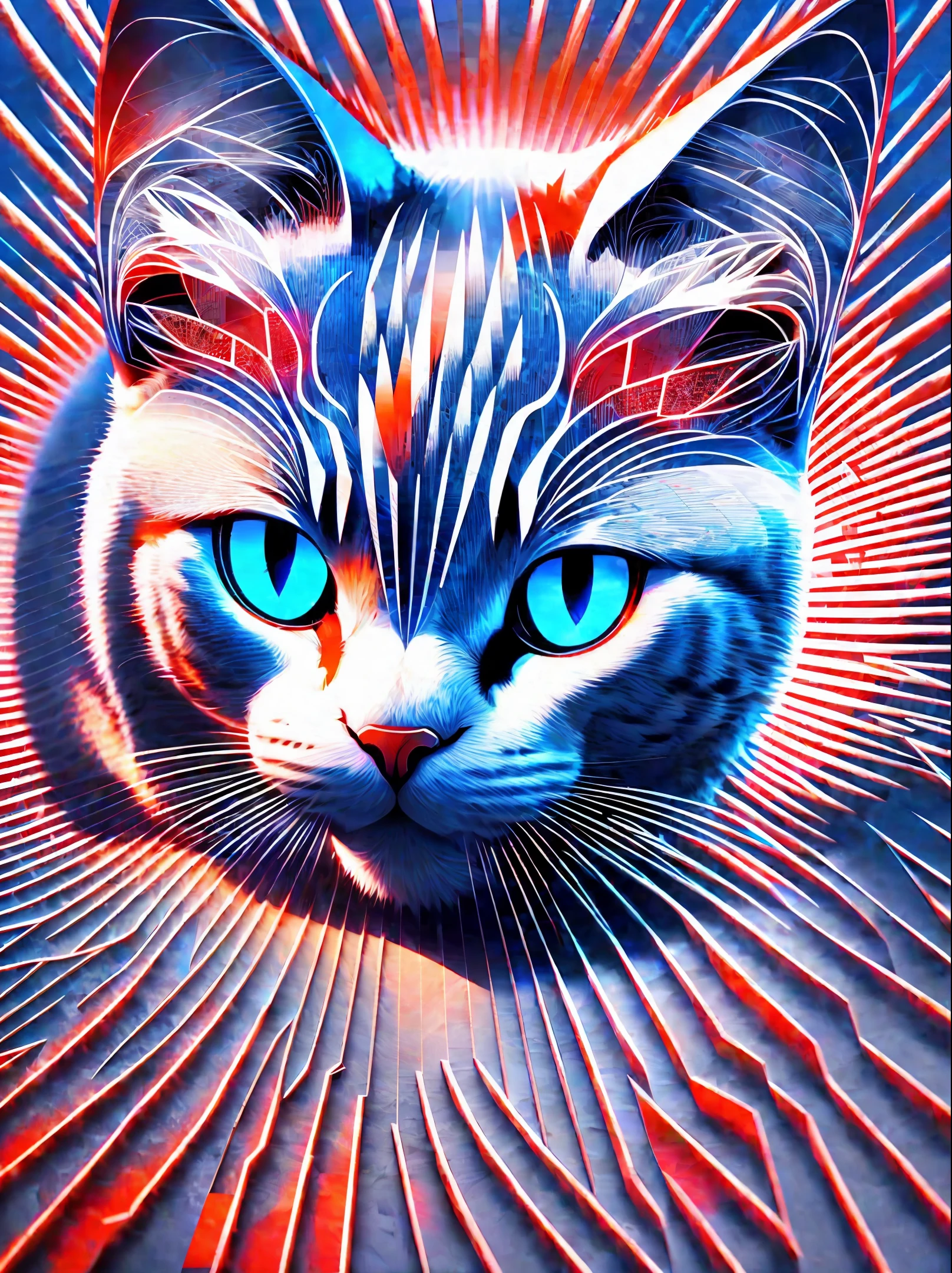 Algorithmic digital generative art. Create a white cat by taking selfies. Monochrome background of red and blue, illuminated by the sun. Elements: a moon at the top right and a sun at the top left. --auto --s2
