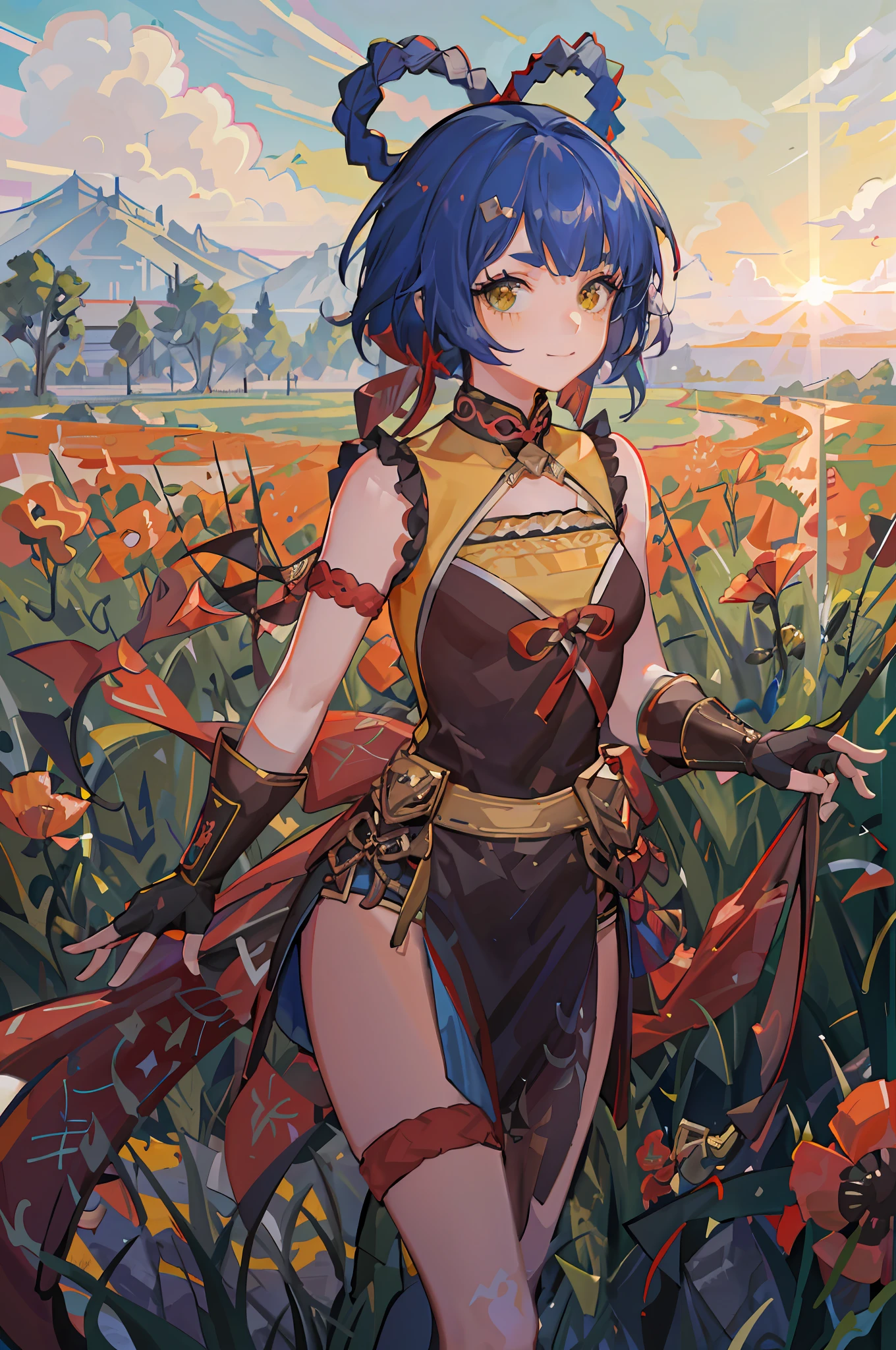 absurdres, highres, ultra detailed, 1girl, solo, extremely detailed eyes, (official art, beautiful and aesthetic:1.2), (1girl), extreme detailed,colorful,highest detailed, short blue hair with 2 braids on top of the head, yellow chinese clothes, walking in a field of poppy flowers, poppies, sunset light, lots of red flowers, flower crown on her head, lots of flowers