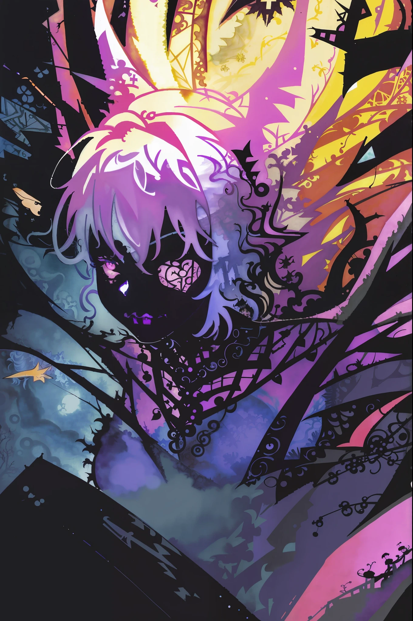 masterpiece, high quality, (pen (medium):1.6), comic art, cover, high detail, intricate, medieval fantasy, 1girl, upper body, artistic, pictorial, cream skin, beautiful face, smug, wide hips, cute upturned nose, round eyes, purple eyes, dark eyeshadow, dark lipstick, (long curly brown hair), (twintails: 1.3), (short bangs), neckline, witch, white lace silk dress,  (swollen sleeves), (nocturnal), (low hanging fog: 1.2), (graveyard:1.21), [dark forest], tombstones, illustration, character art, [fuzzy lighting:1.2], (by Arthur Rackham:1.7), (by Naoko Takeuchi:1.21), (by Hiromu Arakawa:1.23), floating above the ground,