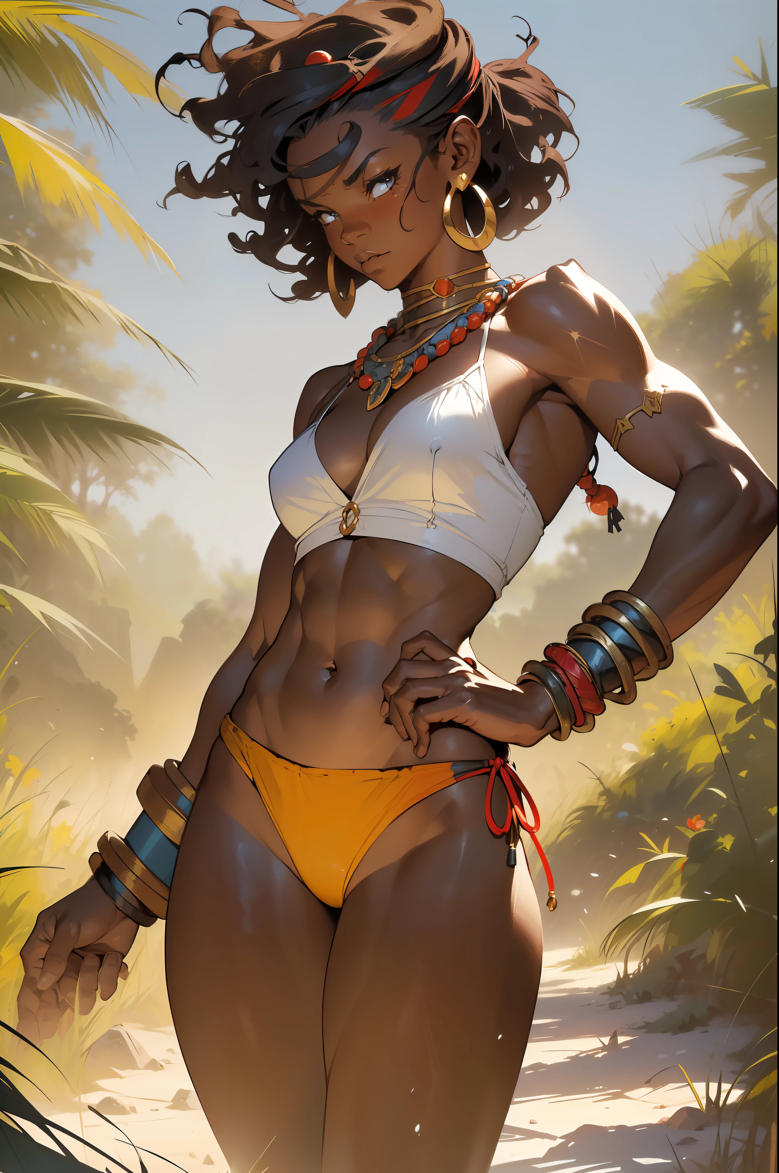 (((Simon Bisley))), (((Frank Frazetta))), ((((absurdists))), (((best quality))), (((masterpiece))), ((ade back))), (((abundance perfect prancing and muscular)), muscular 35-year-old African woman, Zulu warrior, war paintings by the body, perfect and proportional body, black-skinned savanna warrior wearing very few clothes and many necklaces and adornments by the body, shaved hair, tiny bikini made of African beads, holding a spear and walking through the savannah, dry vegetation, very hot, she is sweaty and her black skin glows under the scorching sun of Africa