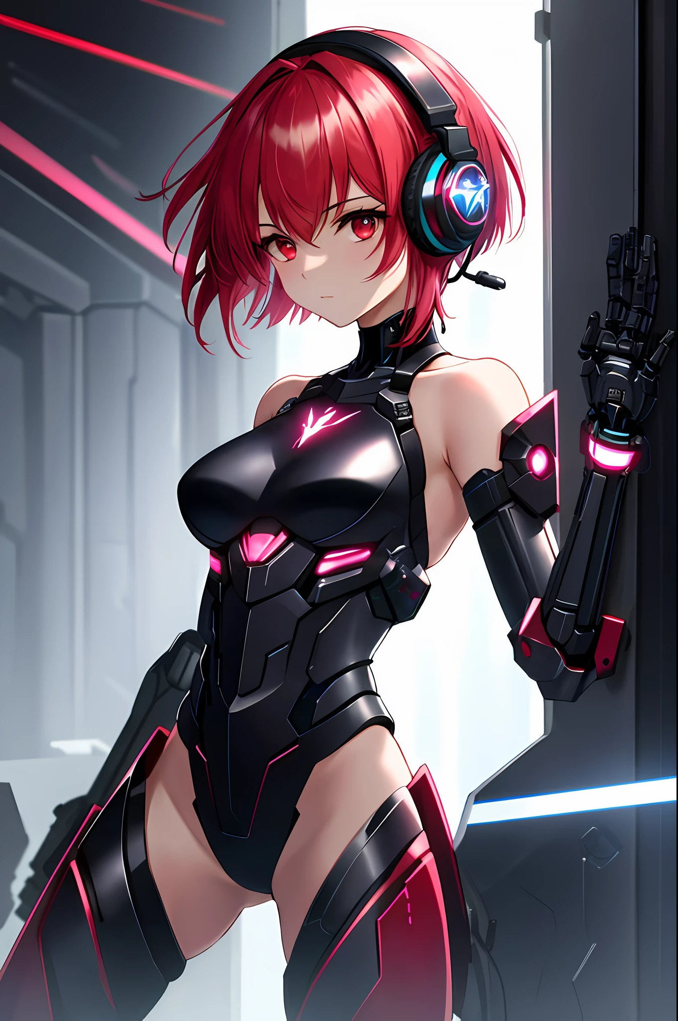 Absurdity, intricate details, highly detailed 8K wallpaper, (Transcendent Beautiful Girl: 1.5), BREAK, scarlet hair, short hair, (exoskeleton leotard), (red eye), BREAK, (mechanical joints, mechanical limbs: 1.4), perfect five fingers, BREAK, bare back and shoulders and armpits, absolute area, (headphones), BREAK, back to shoulder show, solo focus, cyberpunk, Dynamic angle, neon glowing city,