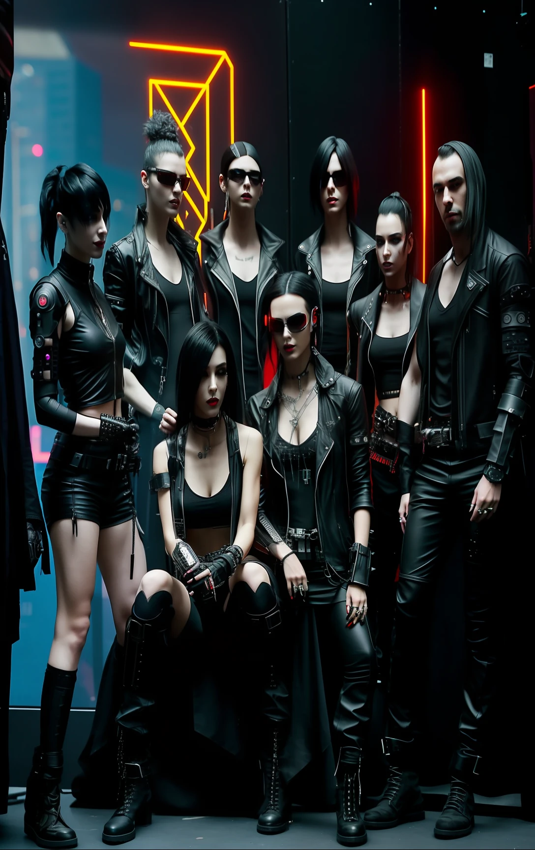 there are a group of people dressed in leathers posing for a picture, all black cyberpunk clothes, cyberpunk fashion clothing, cyberpunk techwear, in cyberpunk style, cyberpunk outfits, cyberpunk photo, gothic - cyberpunk, cyberpunk high fashion, cyberpunk horror style, cyberpunk fashion, cyberpunk fashion clothes, in cyber punk 2077, cyberpunk look, chthonic