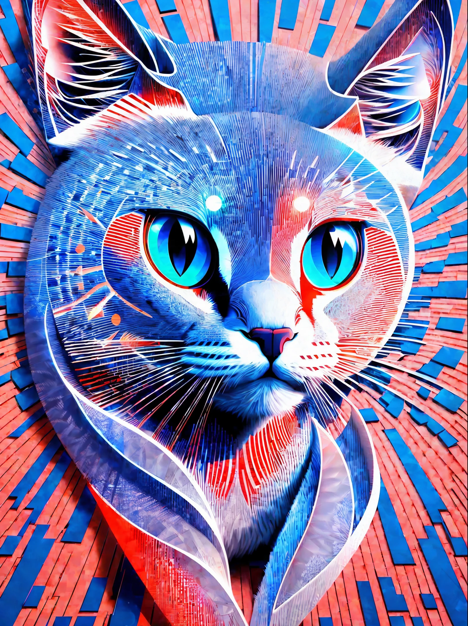 Algorithmic digital generative art. Create a white cat by taking selfies. Monochrome background of red and blue, illuminated by the sun. Elements: a moon at the top right and a sun at the top left. --auto --s2