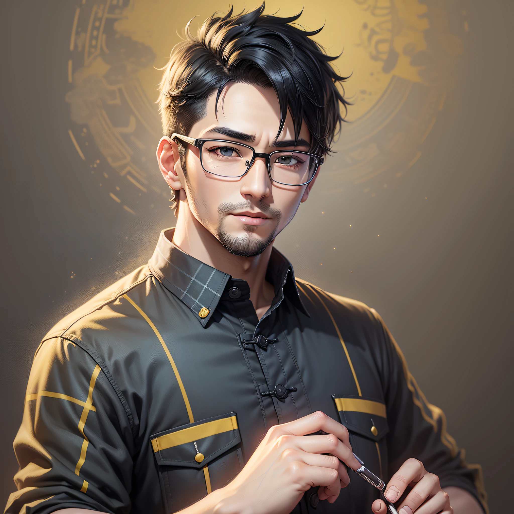 Male programmer avatar, 35 years old, yellow, short hair, black hair, black eye color, starry eyebrows, black-framed glasses, plaid shirt, beautiful morning background, painting style to Chinese style, realistic style