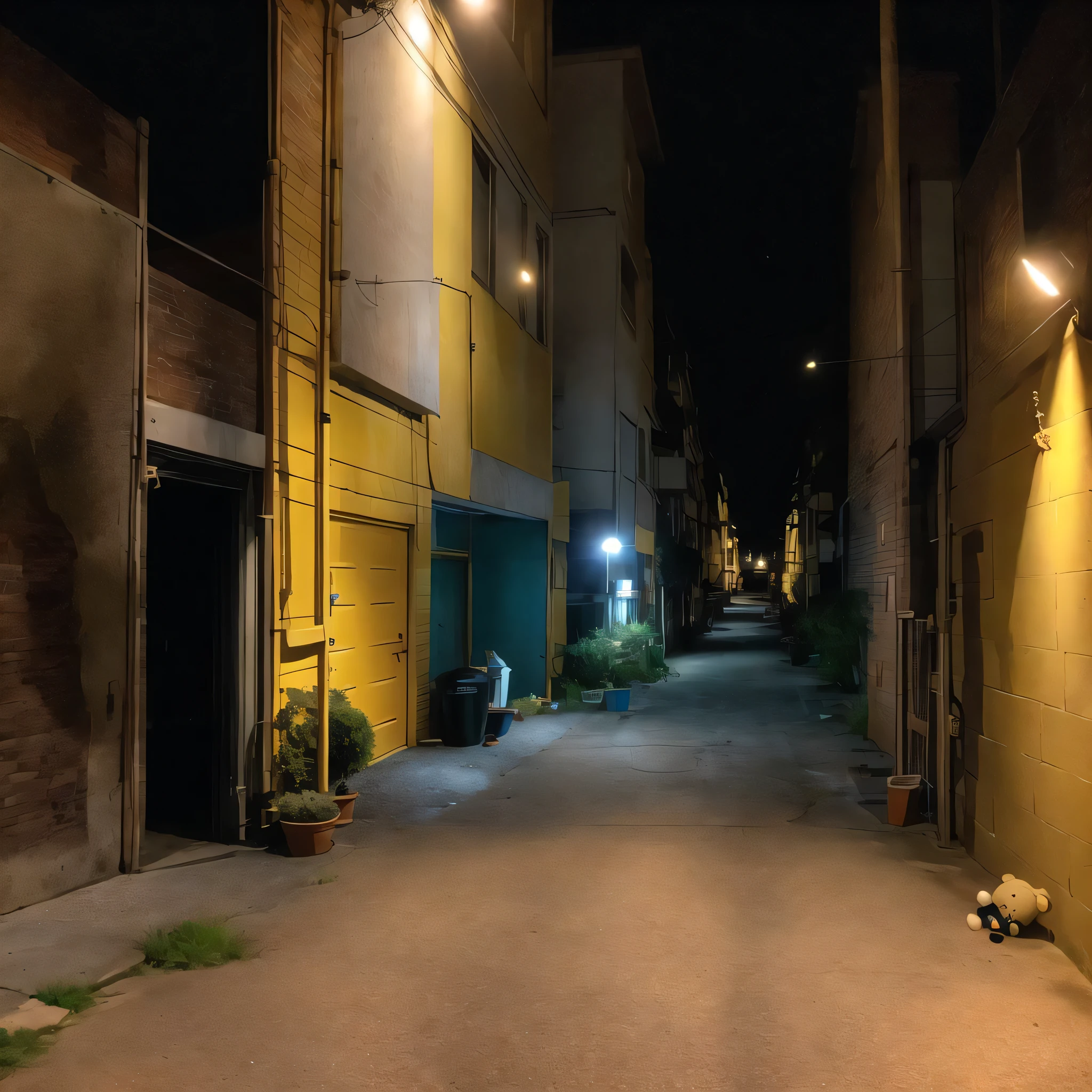 thenightfeeling,a narrow alley way with a no parking sign on it at night time, with a yellow light on the side of the alley, 1girl, bad anatomy, bad proportions, hairband, light smile, long hair, lying, poorly drawn, silver hair, stuffed animal, stuffed toy, suspenders, teddy bear, twintails, two side up, yellow eyes