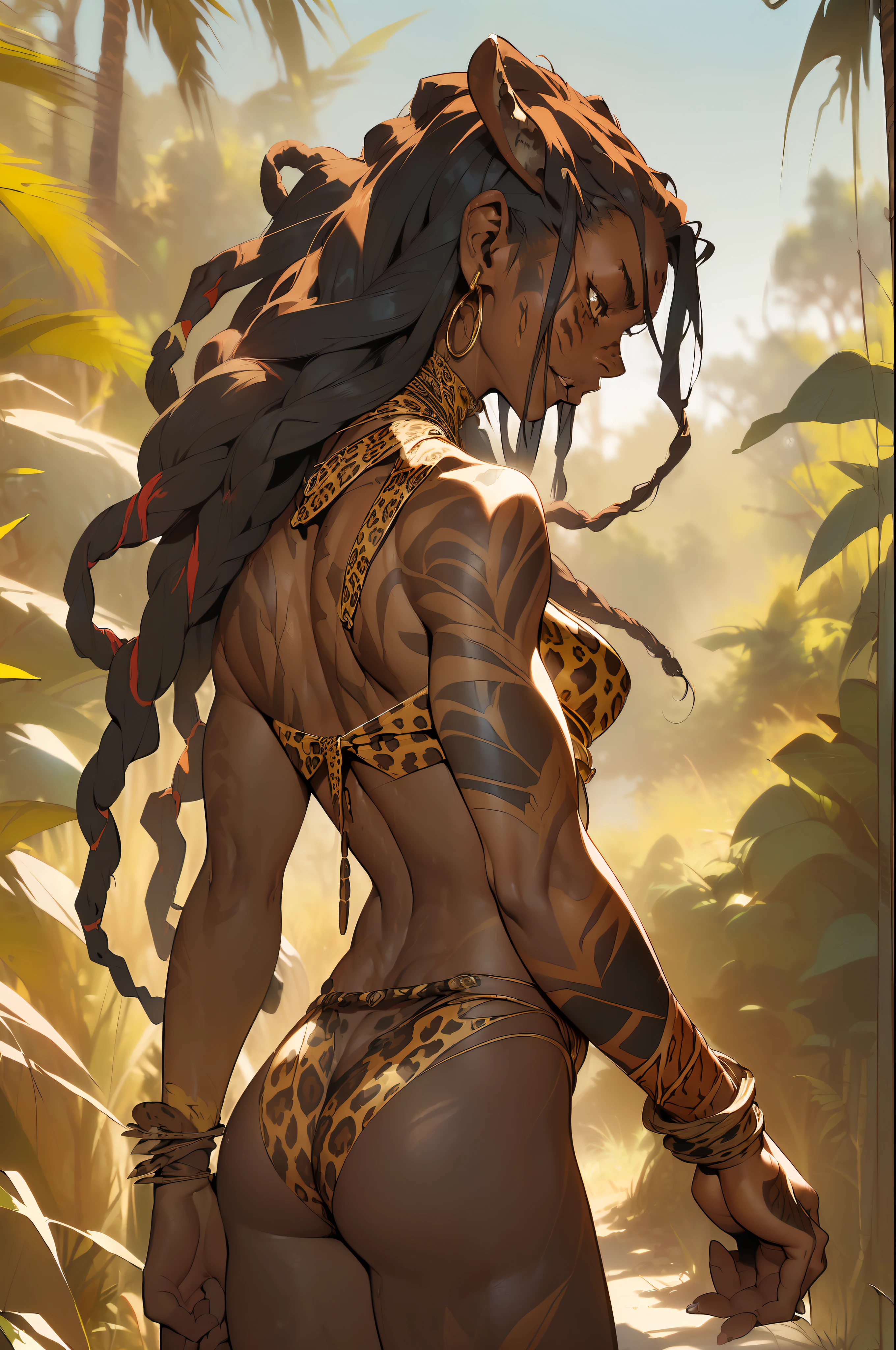 (((Simon Bisley))), (((Frank Frazetta))), ((((absurdists))), (((best quality))), (((masterpiece))), (((back))), ((((muscular and muscular perfect ass)), muscular 35-year-old African woman, Zulu warrior, war paintings by the body, perfect and proportional body, black-skinned savanna warrior wearing very few clothes and many necklaces and adornments by the body, long hair with colored dreadlocks, tiny thong made of leopard skin, holding a spear and walking through the savannah, dry vegetation, lots of heat, she is sweaty and her black skin glows under the scorching African sun, leopard skin covering her arms