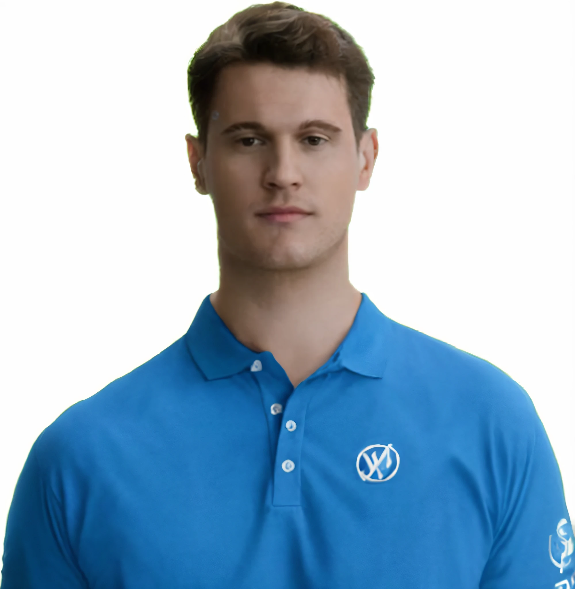a close up of a man in a blue shirt with a white vw logo, ad image, promo image, caleb worcester, wrx golf, adam varga, official product photo, commercial photo, vitaly bulgarov, tyler west, sam weber, professional profile picture, vadim voitekhovitch, wearing polo shirt, professional picture, ben watts