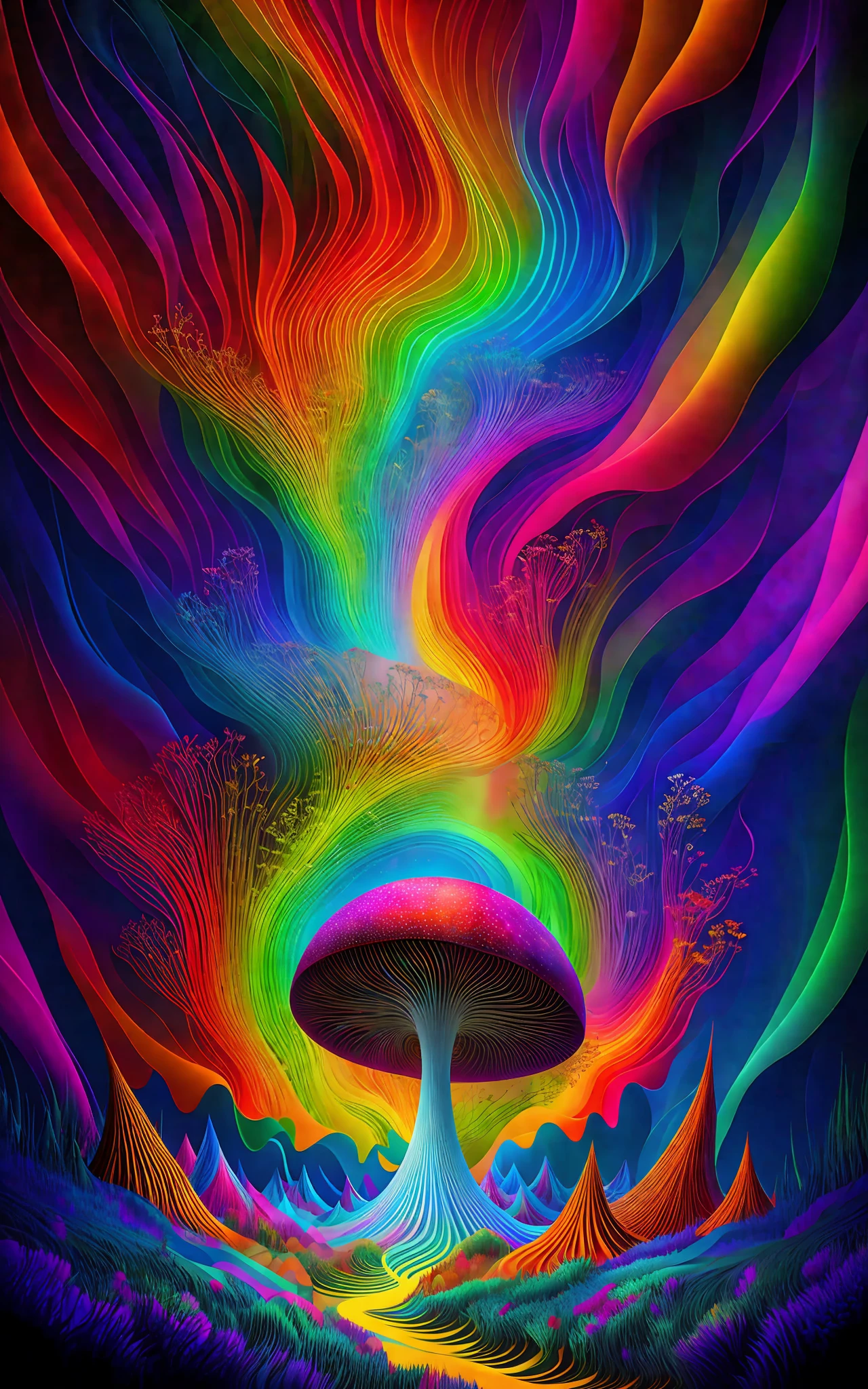 Vector Print in the Psychedelic Style: A mesmerizing combination of vibrant colors and abstract shapes in a mind-blowing setting. [A mushroom:1.9] psychedelic emerges at the center of the composition, emanating energy and mystery. Intricate details and psychedelic patterns wrap around the main element, creating a sense of movement and depth. Tags: [masterpiece], vector print, psychedelic style, mushroom, vibrant colors, abstract shapes, mind-blowing scenery, energy, mystery, intricate details, psychedelic patterns, movement, depth, [White background].