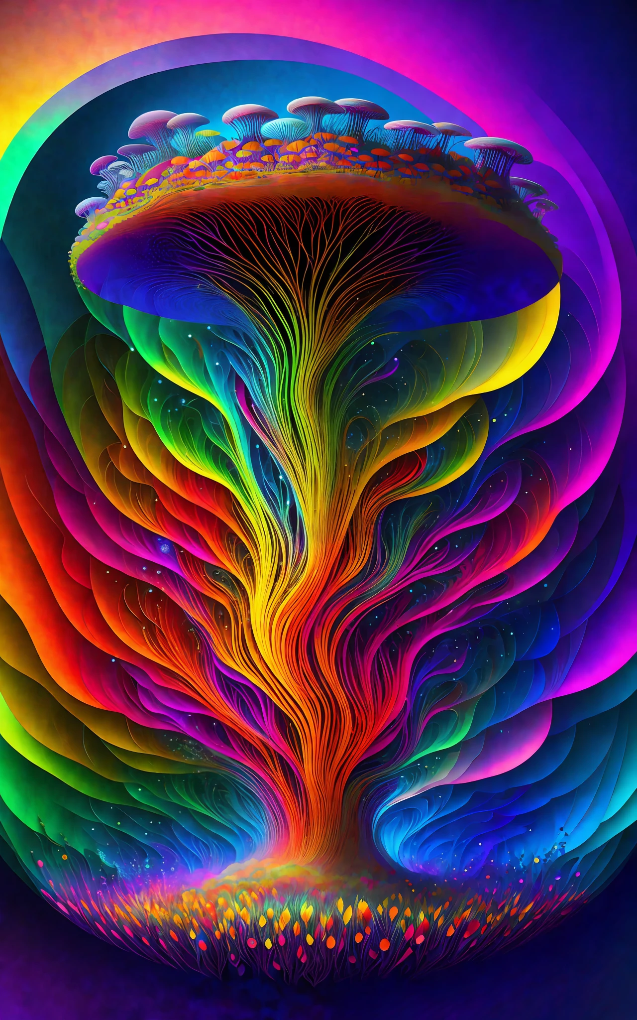 Vector Print in the Psychedelic Style: A mesmerizing combination of vibrant colors and abstract shapes in a mind-blowing setting. [A mushroom:1.9] psychedelic emerges at the center of the composition, emanating energy and mystery. Intricate details and psychedelic patterns wrap around the main element, creating a sense of movement and depth. Tags: [masterpiece], vector print, psychedelic style, mushroom, vibrant colors, abstract shapes, mind-blowing scenery, energy, mystery, intricate details, psychedelic patterns, movement, depth, [White background].