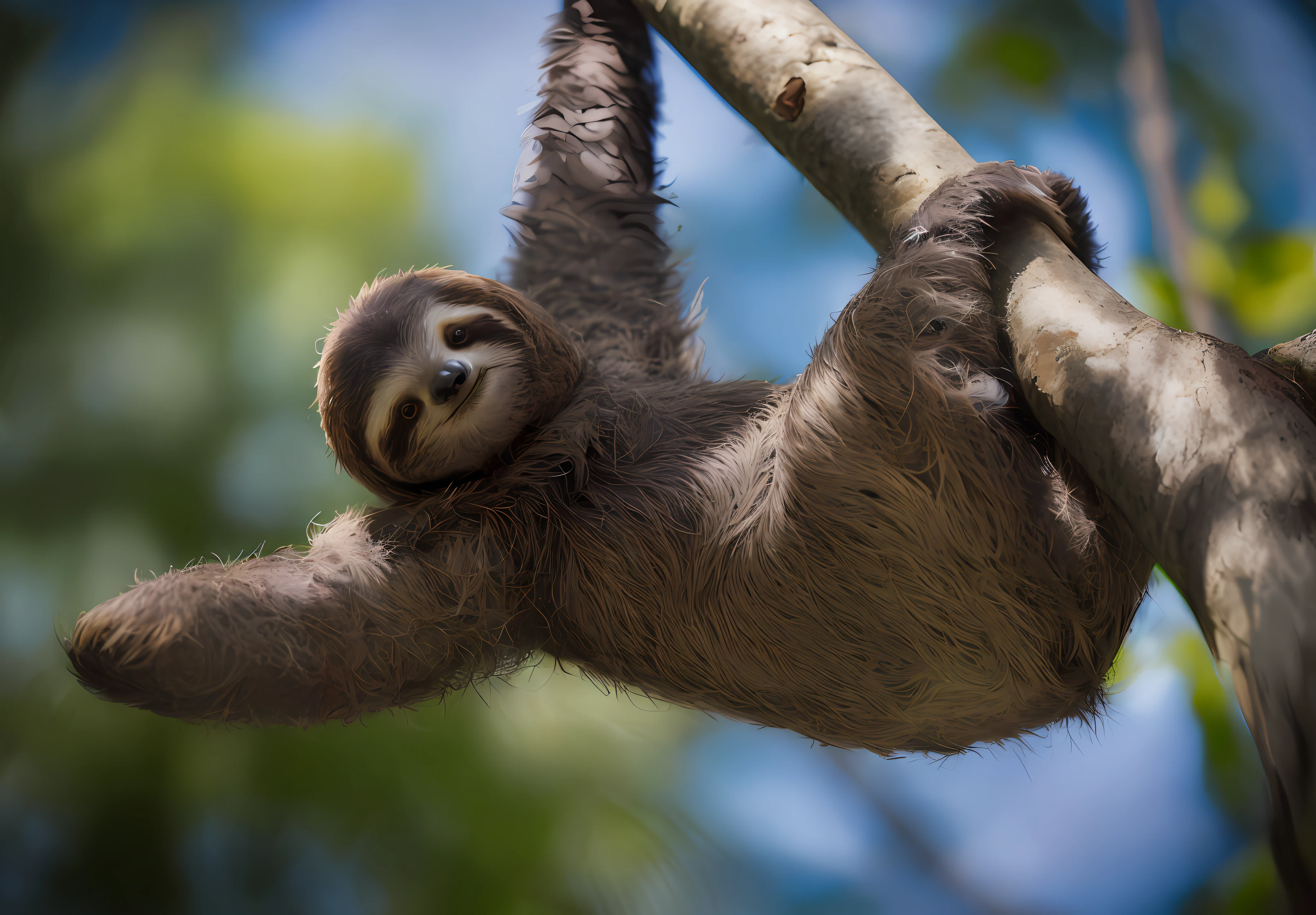 there is a sloth hanging from a tree branch in the forest, sloth, animal sloth, anthropomorphic sloth, hanging from a tree, hanging upside down from a tree, unholy sloth, waving at the camera, holding it out to the camera, an artistic pose, portrait shot, sitting on a curly branch, smiling for the camera, shutterstock