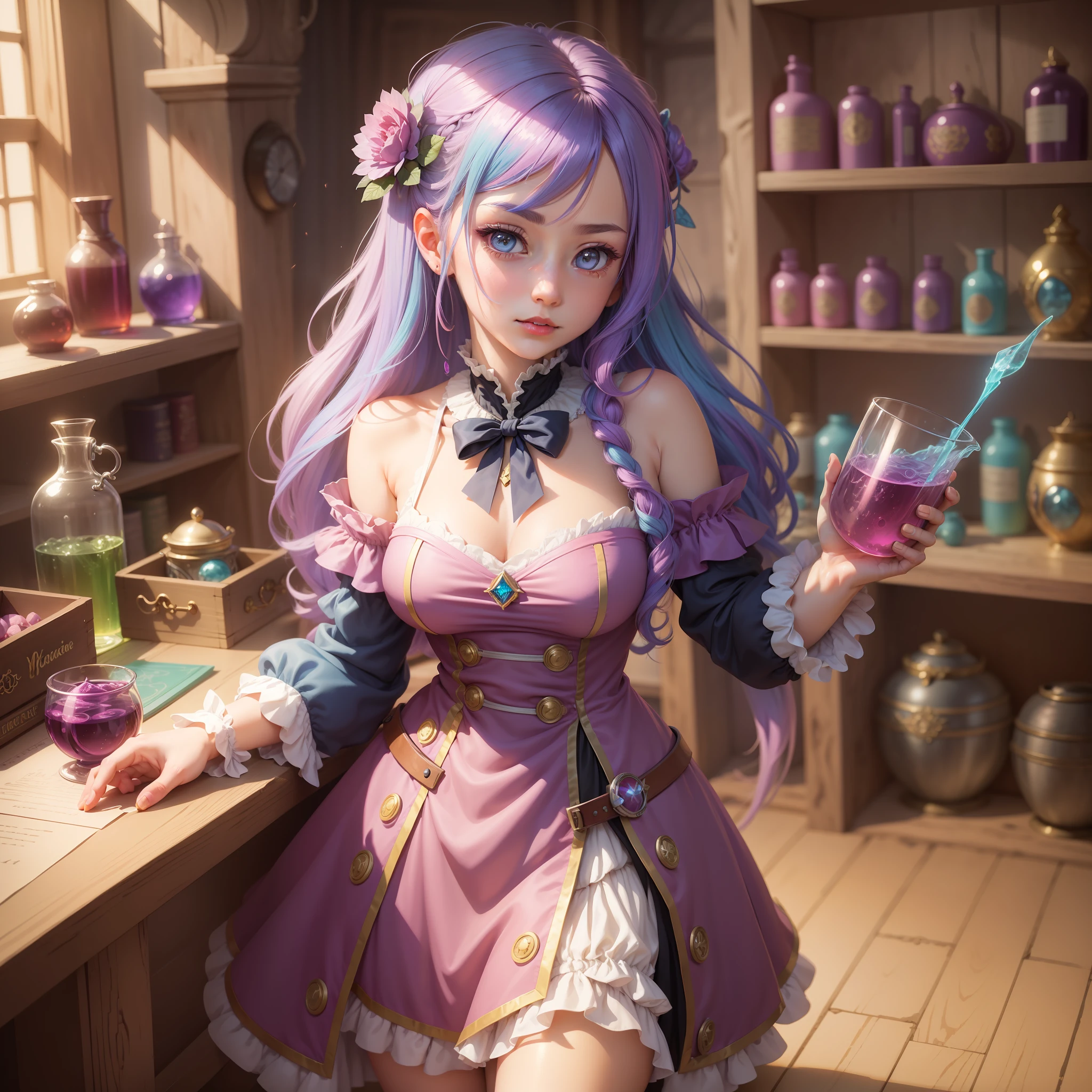 Extremely detailed really cute young woman potion mistress, (rainbow hair) magic, soft colors, soft tetrad colors, bubly, detailed alchemist room, jrpg, cartoonish vector, volumetric lights, very detailed potions and alchemy laboratory scenery, 32k resolution, in the style of best manga ilustrators, best quality