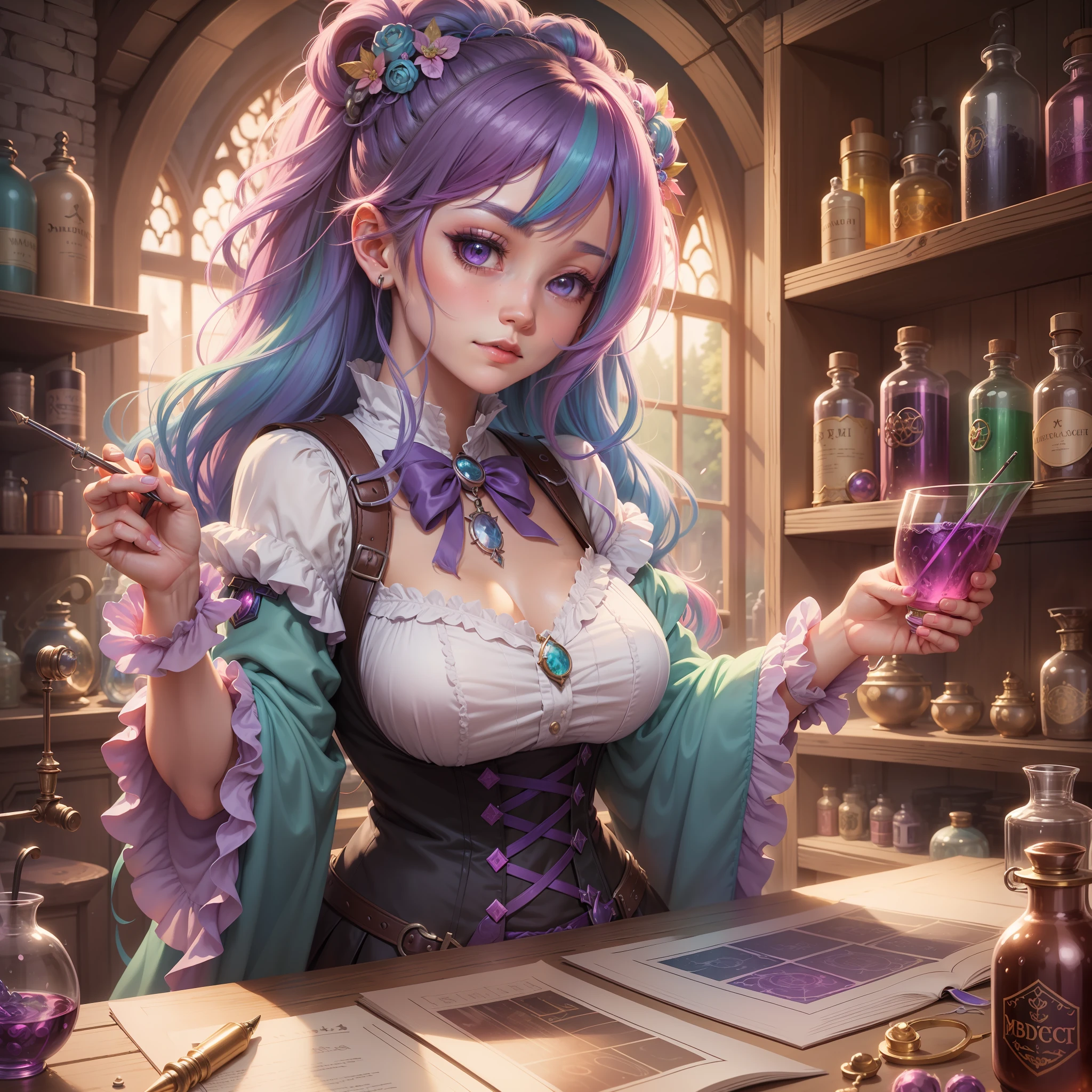 Extremely detailed really cute young woman potion mistress, (rainbow hair) magic, soft colors, soft tetrad colors, bubly, detailed alchemist room, jrpg, cartoonish vector, volumetric lights, very detailed potions and alchemy laboratory scenery, 32k resolution, in the style of best manga ilustrators, best quality