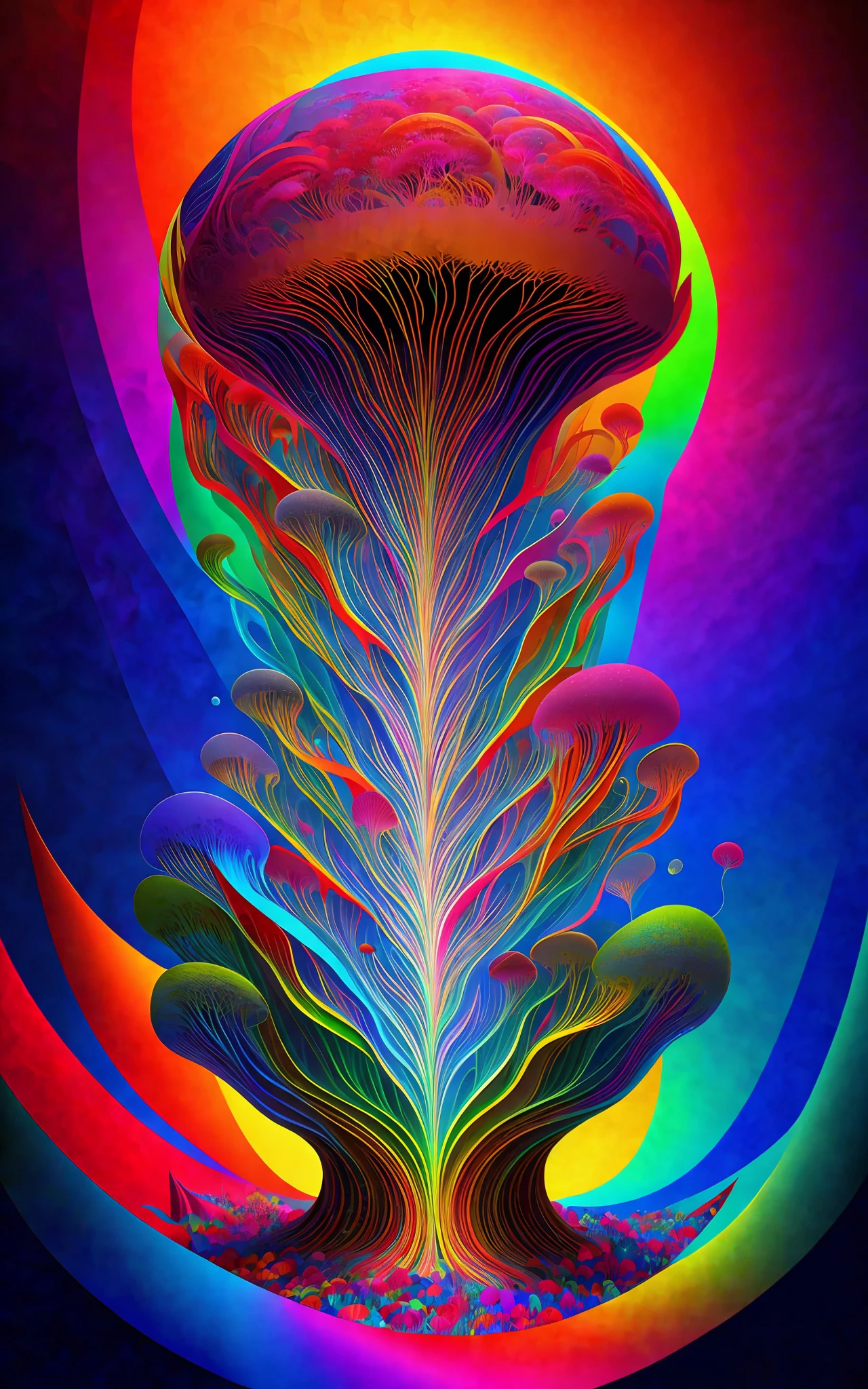 Vector Print in the Psychedelic Style: A mesmerizing combination of vibrant colors and abstract shapes in a mind-blowing setting. [A mushroom:2.5] psychedelic emerges at the center of the composition, emanating energy and mystery. Intricate details and psychedelic patterns wrap around the main element, creating a sense of movement and depth. Tags: [masterpiece], vector print, psychedelic style, mushroom, vibrant colors, abstract shapes, mind-blowing scenery, energy, mystery, intricate details, psychedelic patterns, movement, depth, [White background].