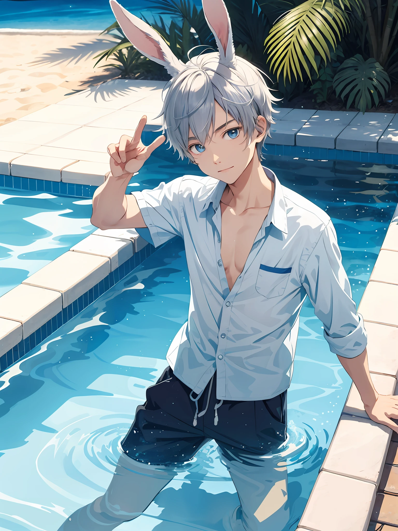 illustration style, cute boy, playing rock-paper-scissors, guh, silver-haired blue-eyed rabbit ears, solo, rabbit ears, rabbit ears, sunny moonlit night, leisurely, sunny night sky, pool relaxation, gaming pool, inflatable float, carefree atmosphere, refreshing water, friendly, half pants, aloha shirt, open shirt, boy's body, refreshing water, gentle ripples, Comfortable relaxation, oasis, tropical palm trees, night sky, lazy night, quiet