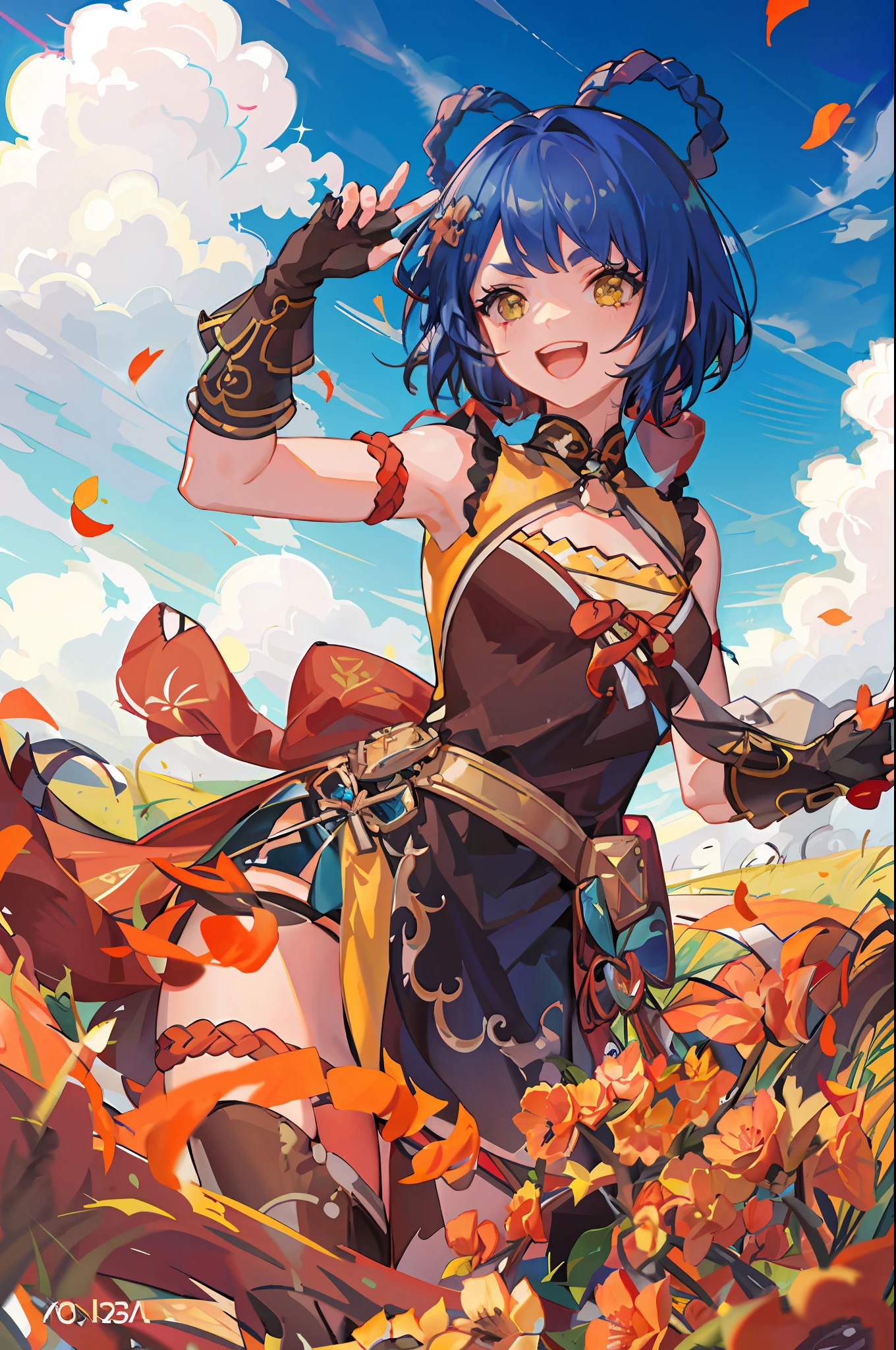 absurdres, highres, ultra detailed, 1girl, solo, extremely detailed eyes, (official art, beautiful and aesthetic:1.2), (1girl), extreme detailed,colorful,highest detailed, short blue hair with 2 braids on top of the head, yellow chinese clothes, jumping in a field of poppy flowers, poppies, sunny day blue sky and white clouds, lots of red flowers, flower petals flying around