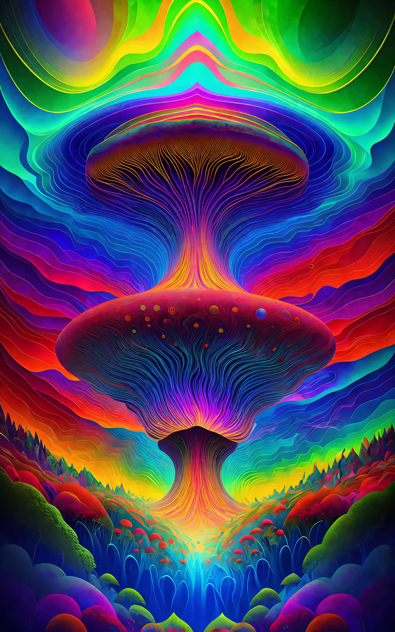 Vector Print in the Psychedelic Style: A mesmerizing combination of vibrant colors and abstract shapes in a mind-blowing setting. [A mushroom:2.5] psychedelic emerges at the center of the composition, emanating energy and mystery. Intricate details and psychedelic patterns wrap around the main element, creating a sense of movement and depth. Tags: [masterpiece], vector print, psychedelic style, mushroom, vibrant colors, abstract shapes, mind-blowing scenery, energy, mystery, intricate details, psychedelic patterns, movement, depth, [White background].