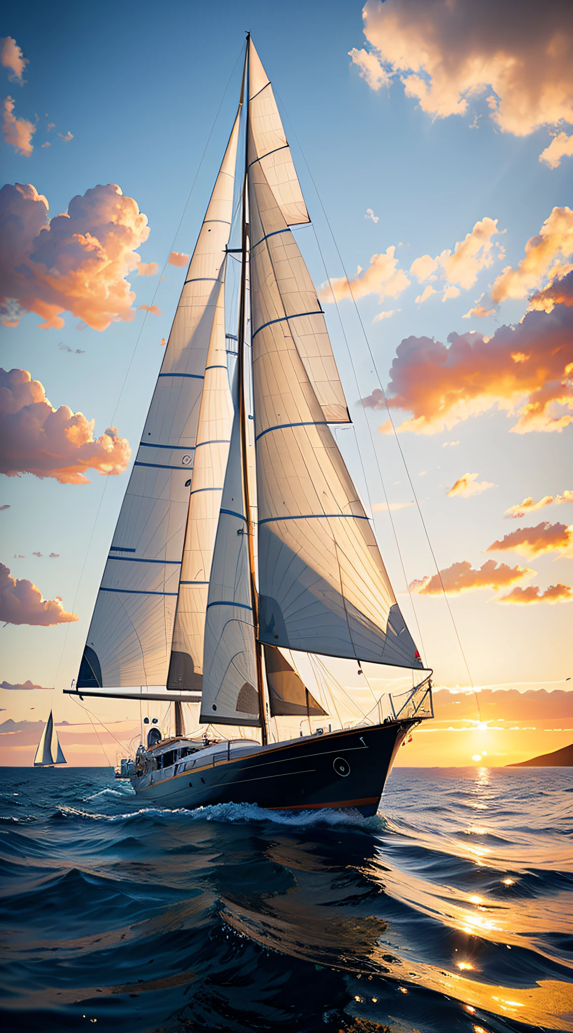 there is a large sailboat sailing on the ocean at sunset, sailing ship, stunning digital illustration, highly detailed digital painting, by Eddie Mendoza, very detailed digital painting, low detailed. digital painting, stylized digital illustration, detailed digital illustration, sails, detailed digital painting, highly detailed digital artwork, alexey egorov, digital painting highly detailed