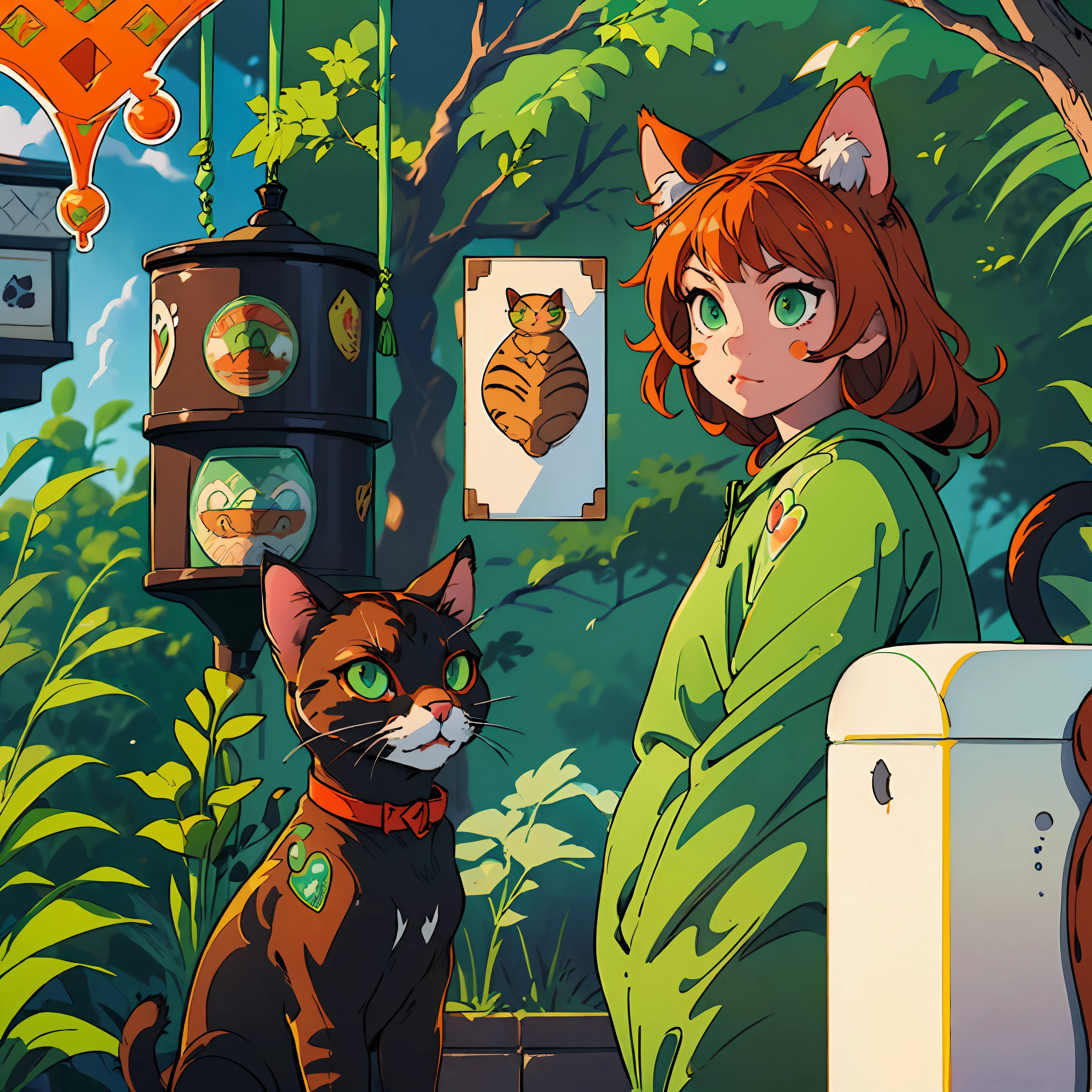 (sticker style:1.55), (2cats:1.3), (2animals:1.3), ((black brown eyed cat)), ((ginger green eyed cat)), wonderful atmosphere, cute vibe, magic dust