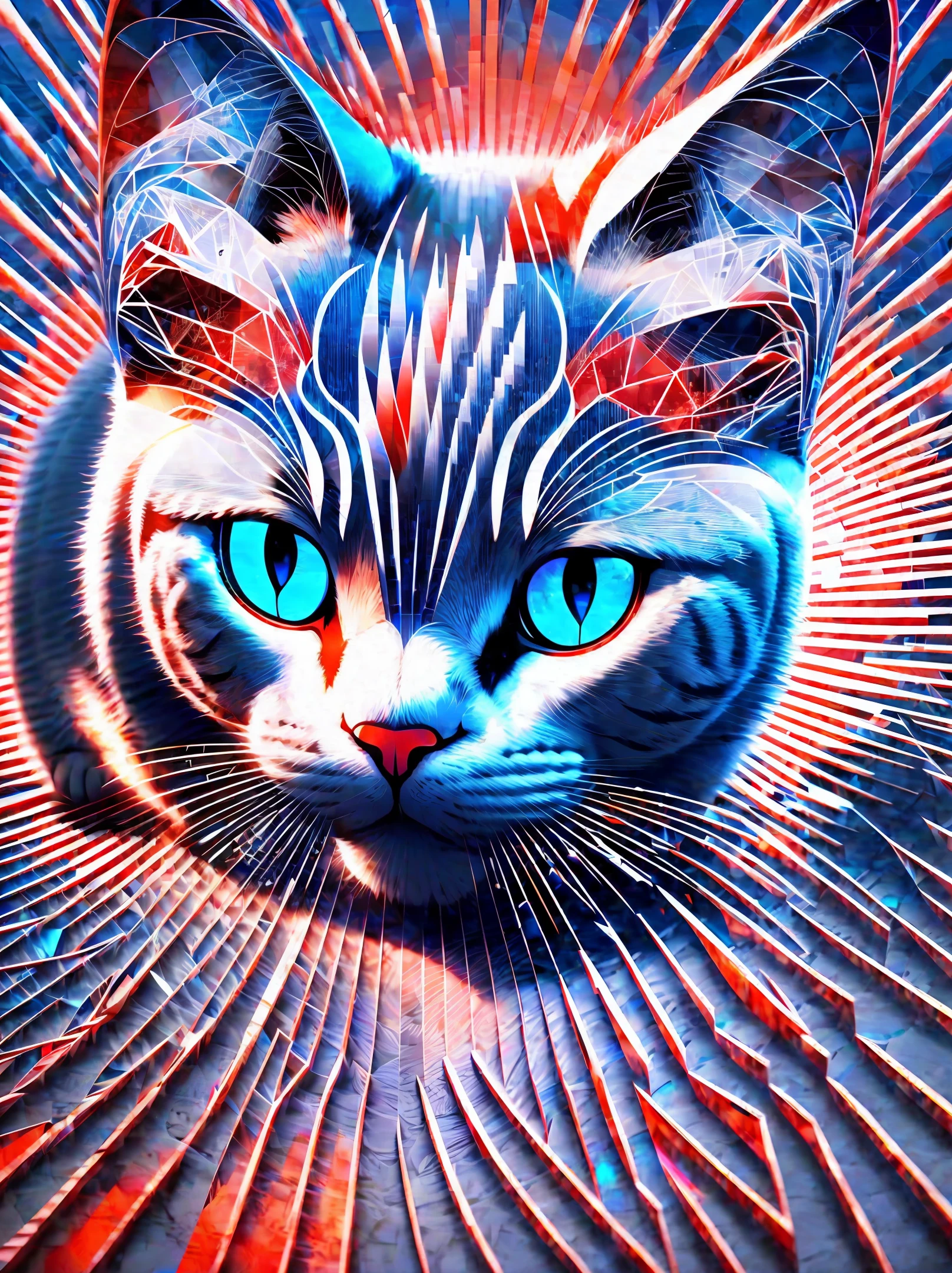 Algorithmic digital generative art. Create a white cat by taking selfies. Monochrome background of red and blue, illuminated by the sun. Elements: a moon at the top right and a sun at the top left. --auto --s2