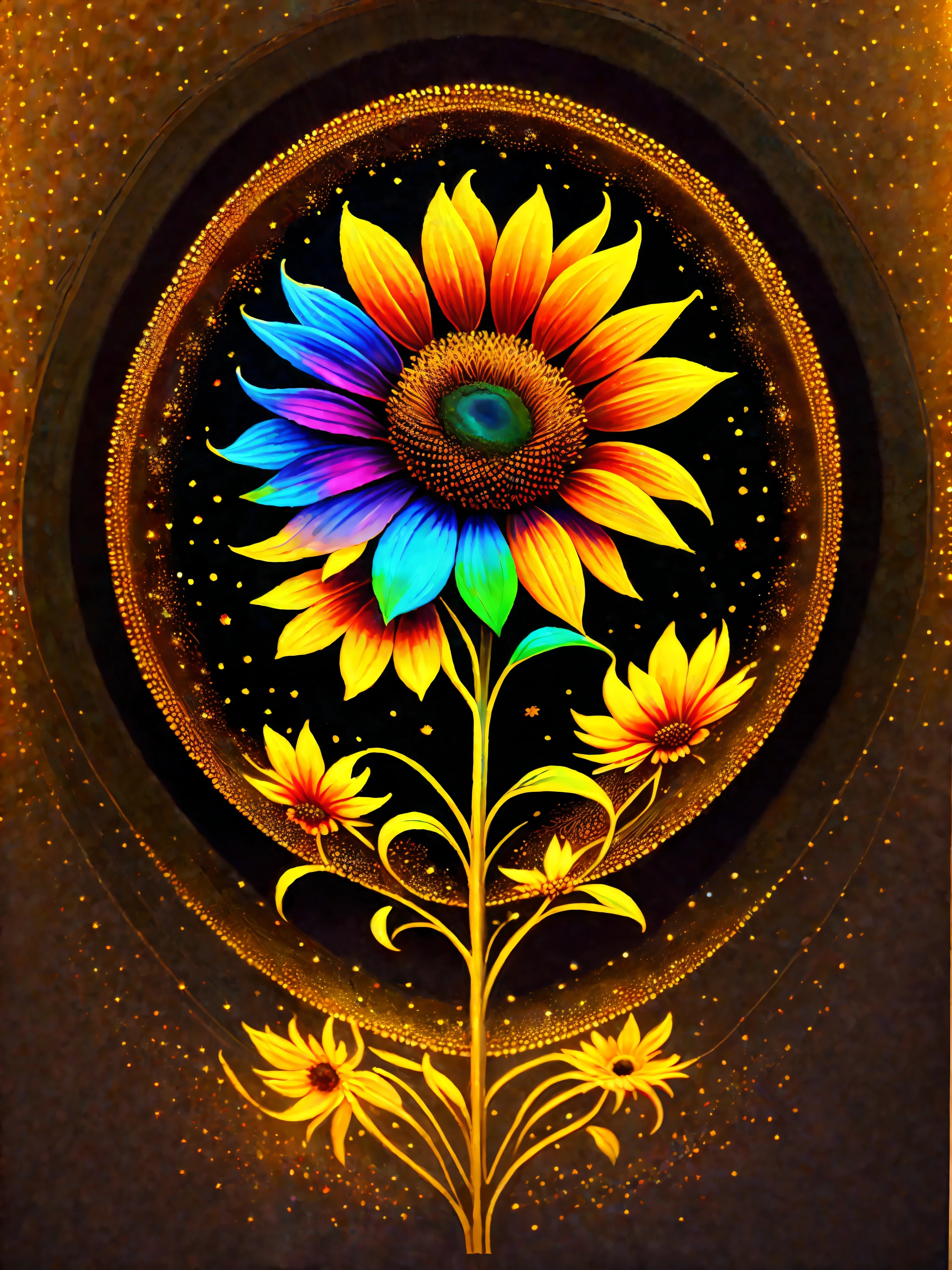 a painting of a colorful sunflower on a black background, , breathtaking rendering, within a radiant connection, inspired by Kinuko Y. Craft,, magical elements, sunflower icon, wow, is gorgeous, casting a multi colorful spell, bright flash, flash