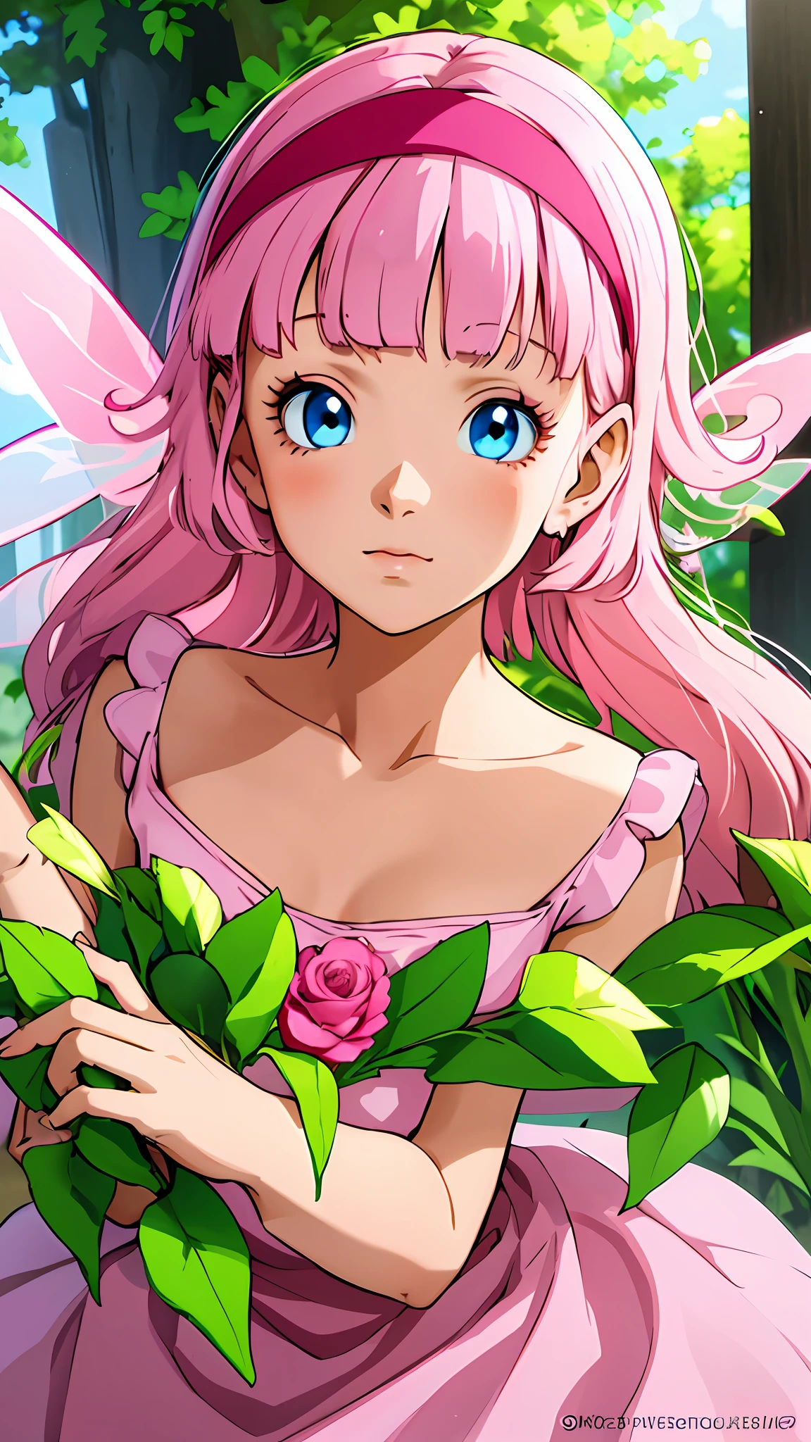 masterpiece, best quality, high quality, photorealistic, perfect anatomy, pink body, 4 perfect eyes, videldbspinkdress, 1girl, solo, green hair, dress, blue eyes, hair band, short hair, pink dress, flower, pink, a fairy, is in a garden.