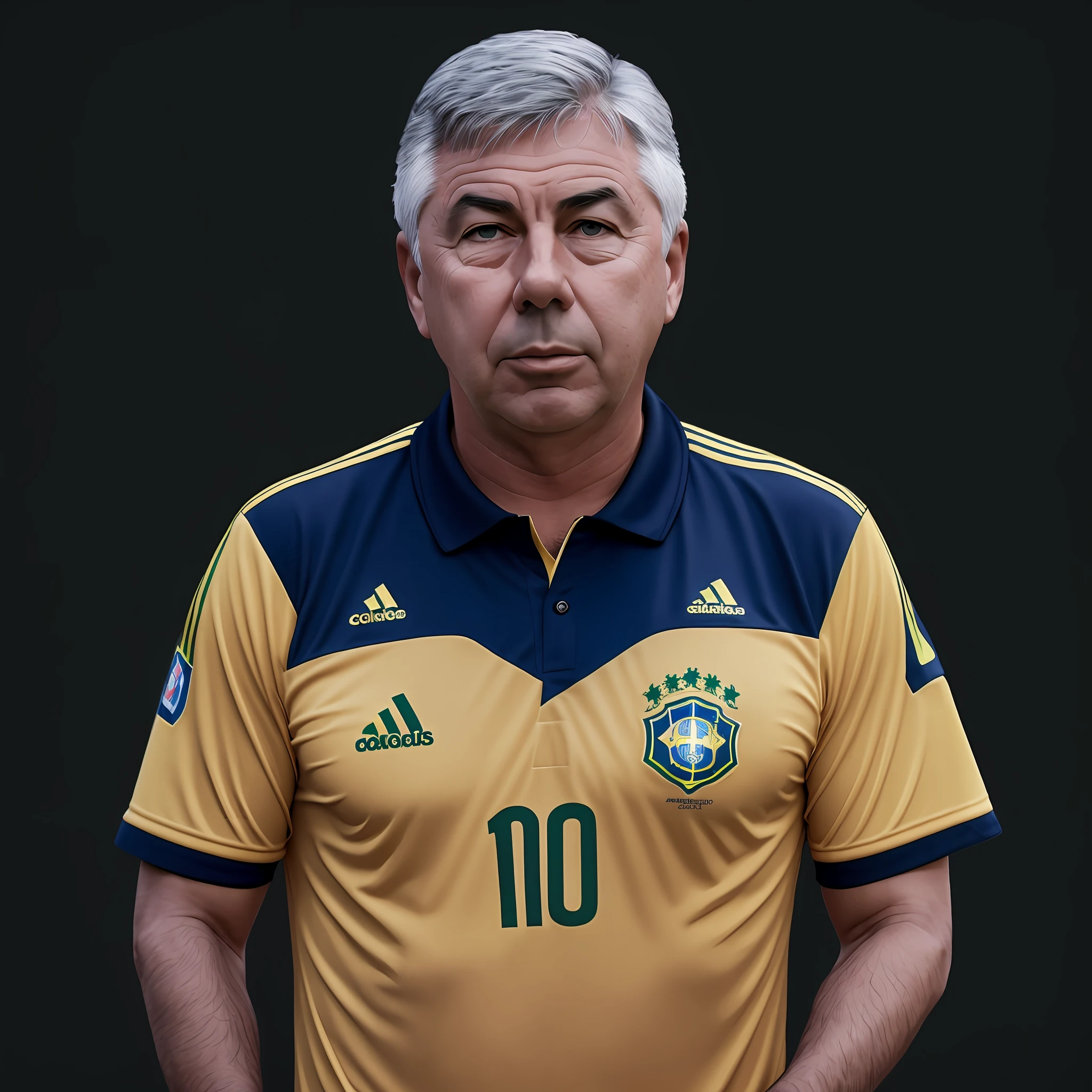 Carlo Ancelotti in ultra realistic yellow shirt of the Brazilian national team with detailed 8k skin