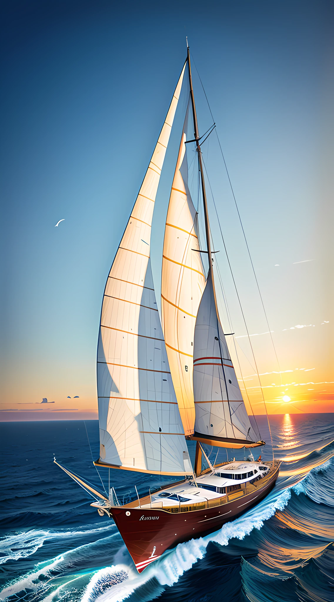 there is a large sailboat sailing on the ocean at sunset, sailing ship, stunning digital illustration, highly detailed digital painting, by Eddie Mendoza, very detailed digital painting, low detailed. digital painting, stylized digital illustration, detailed digital illustration, sails, detailed digital painting, highly detailed digital artwork, alexey egorov, digital painting highly detailed