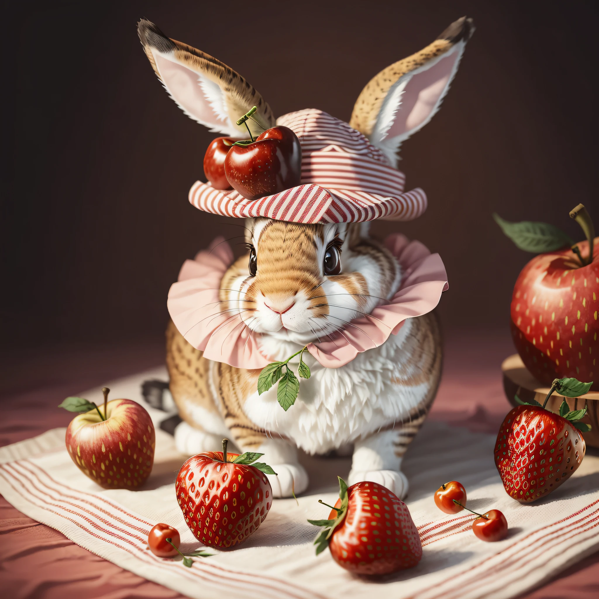 : 3. bunny, realistic, furry animal, apple, black eye, blush, cherry, food, fruit, full body, hat, non-human, strawberry, tomato, watermelon --auto --s2