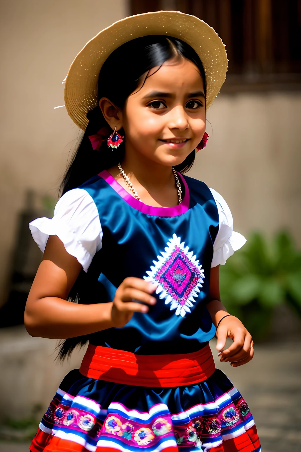 A beautiful girl with black hair and big eyes dancing Guatemalan dance,