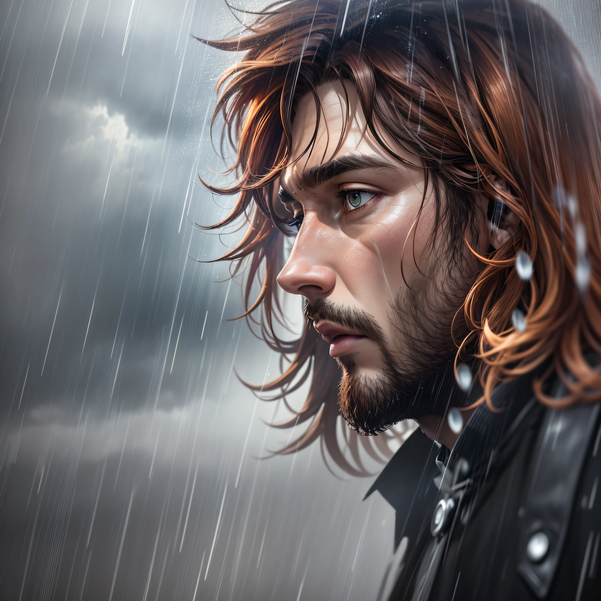 4k, best quality, masterpiece, realistic, ultra detail, landscape, HDR, highres, absurdres, cinematic light, official art, depth of field, rain, storm, man in the rain, alo, side-swept alo with auburn color, --auto --s2