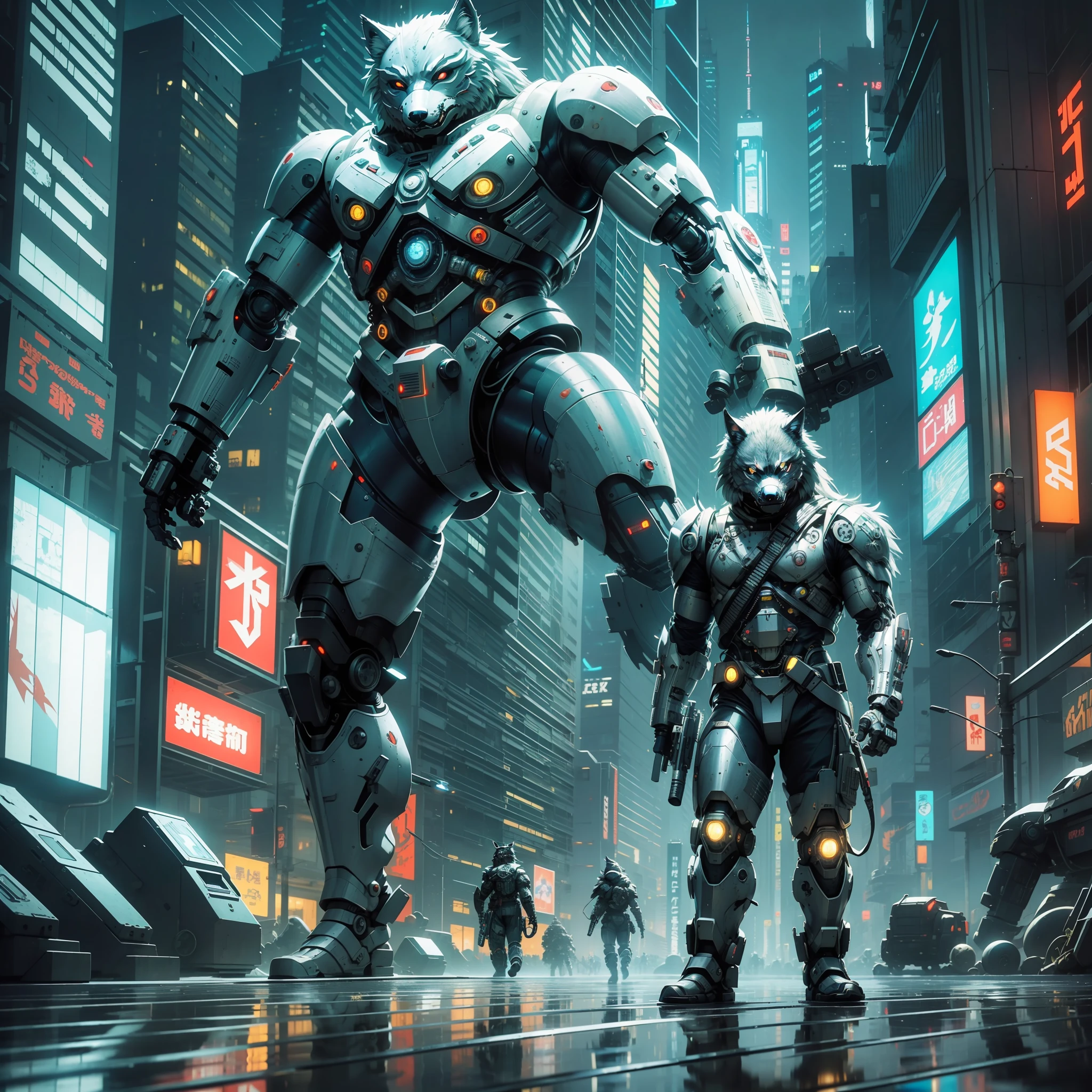 Bald man Arc_nights ultra realistic, fantastically detailed, reflected eyes, modern anime style art, massive and detailed built-in firearms ((((Wolfmask Cyborg))))) Male metal armor, beam sword, missile, shoulder cannon, four arms, cyberpunk VTubaner, Chibi, Character Focus, All, Hawken, In Battle Position Tokio Street in the year 2200, IMAX camera,  unique effects, Blade Runner Cyberpunk atmosphere with bold colors, hyper-realistic, insanely wordy