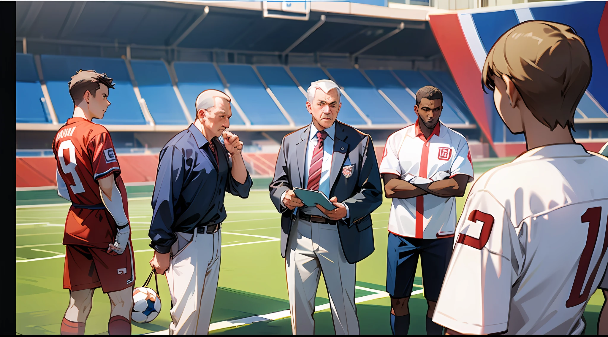 An American foot ball coach giving instruction in an American fotebol stadium to candidates for a player's position, suit portrait, 8k --auto --s2