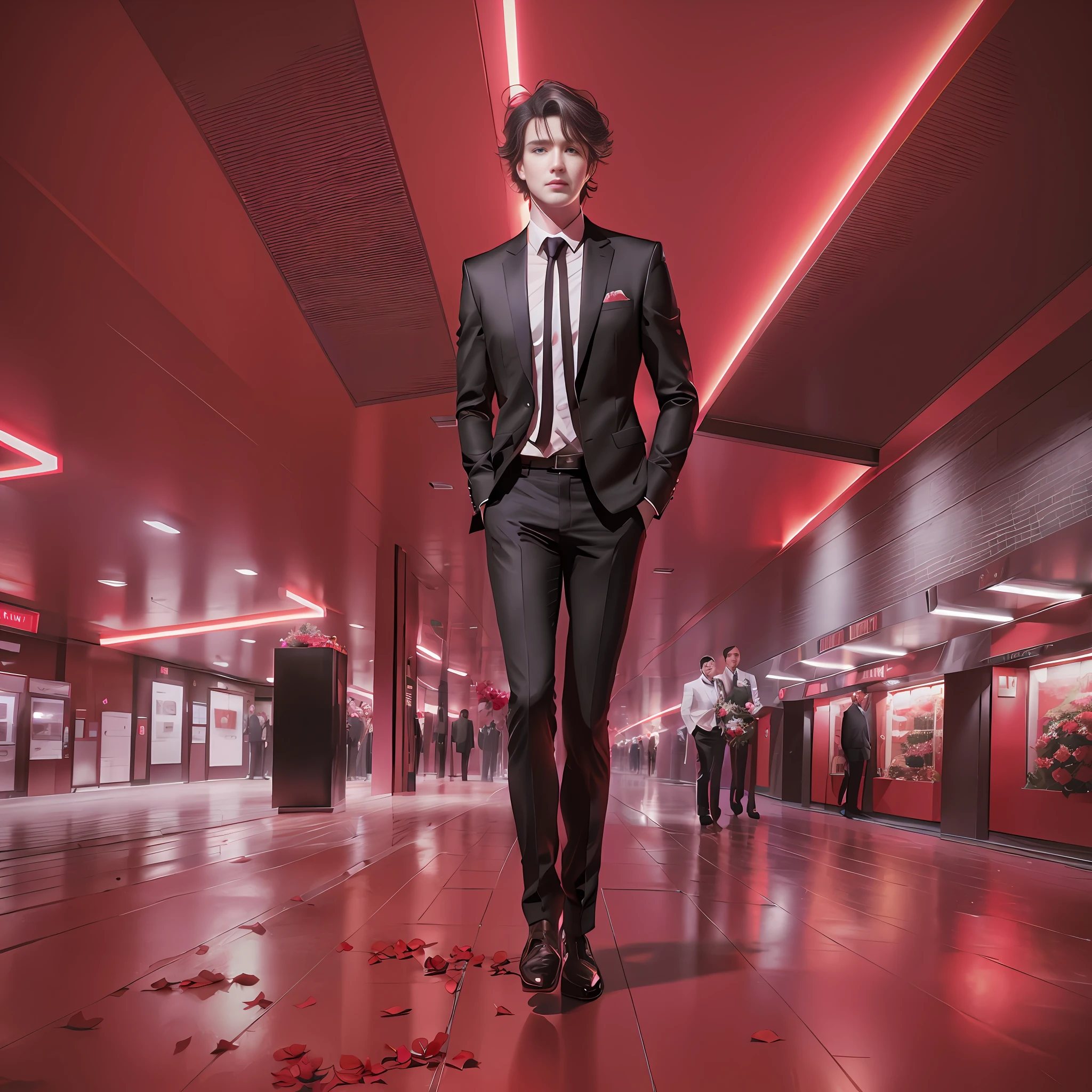 there is a man in a suit and tie standing in a hallway, in style of kar wai wong, red and cinematic lighting, cinematic outfit photo, by Galen Dara, by Matthias Weischer, cinematic full body shot, wearing a black and red suit, by Mathias Kollros, by Emma Andijewska, photography alexey gurylev