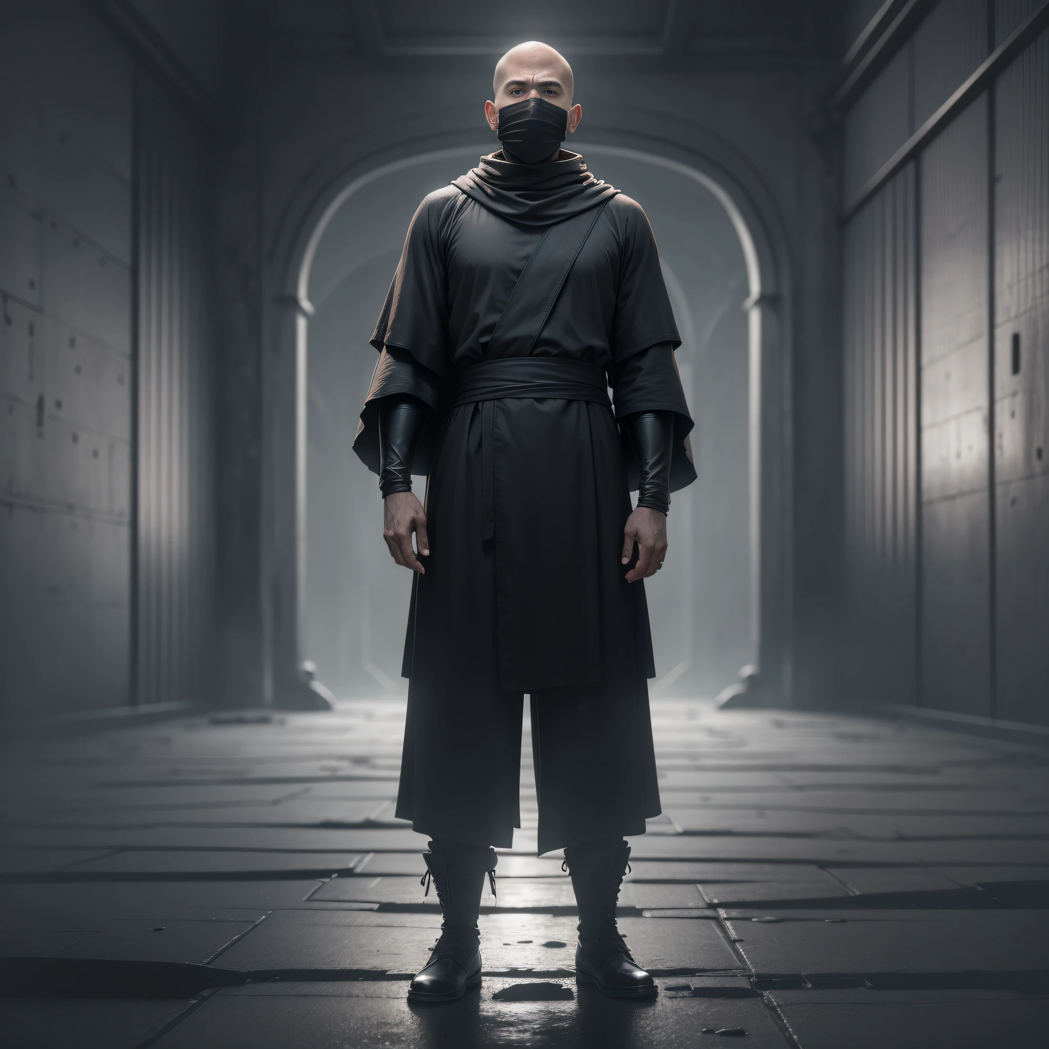 A gloomy picture with a monk without a face in black in the plain of the future