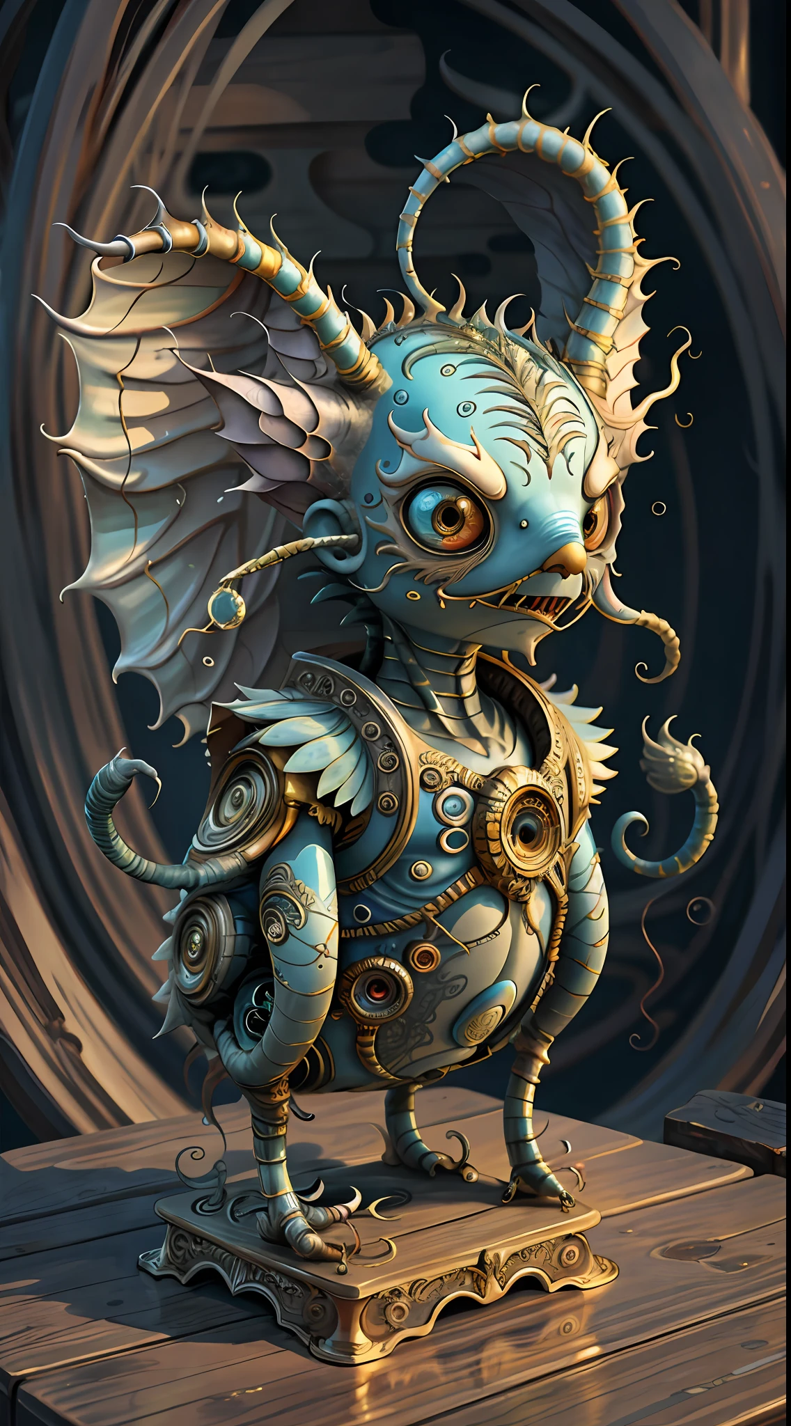 (best quality: 1.4), (masterpiece: 1.2), detailed, complex, high resolution, iridescent colors, A charming and fascinating creature with otherworldly forms that blend the best aspects of the monster human form and the innocent charm of a precocious child, scales, wings, blue, texture, complex, gorgeous, 3D, highly detailed, decorative style, Tim Burton, Dale Chihuly, Bruce Zheng, Cyril Rolando, H. R. Giger $plastic$ Grid: Real Lenoid afremov style, wet, fire
