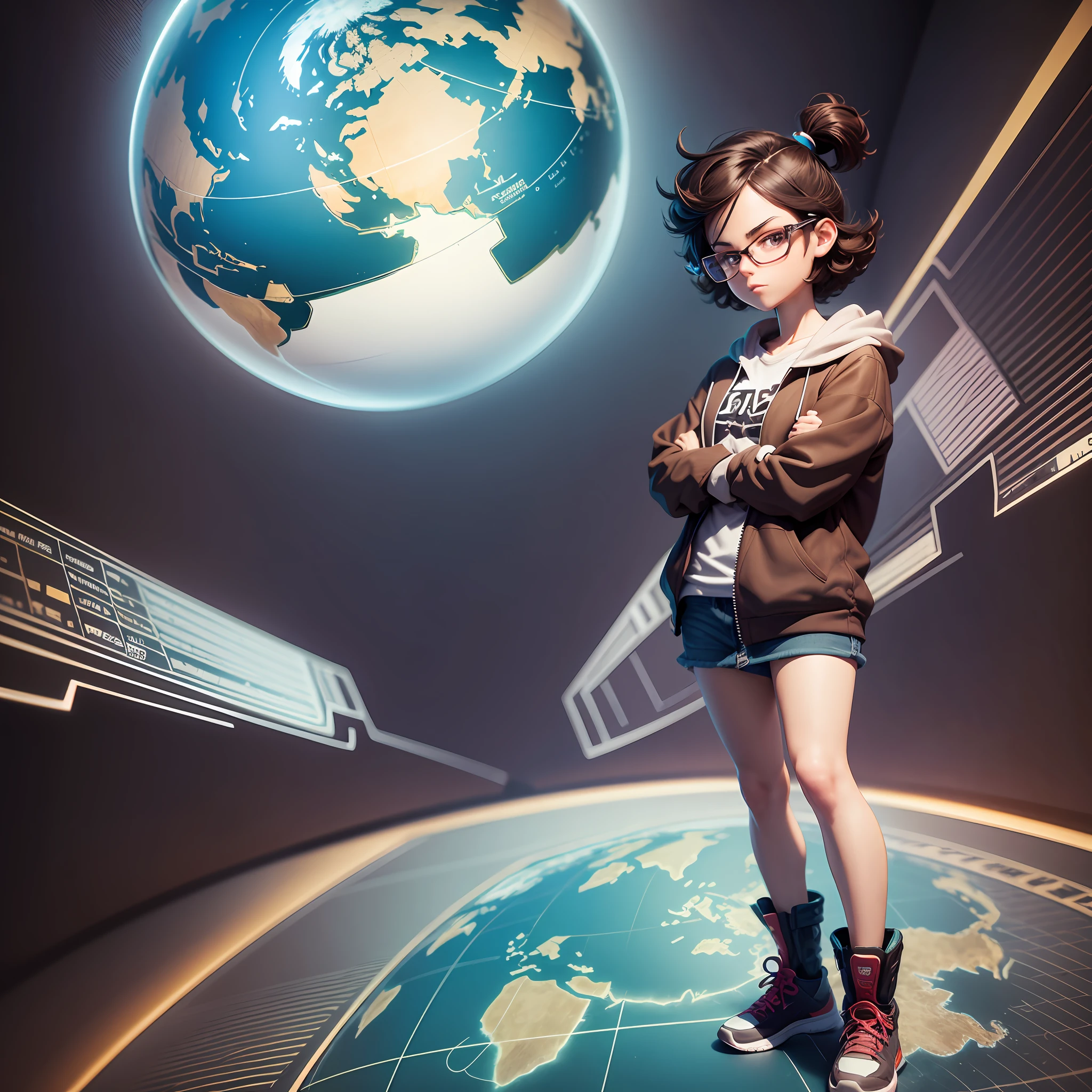 Brain character, cartoon network style, 3D, super detailed, wearing glasses, very short dark brown hair, nerdy clothes, developer, studio lighting, dynamic light, with a globe behind the character, in a pose of world domination. --auto --s2