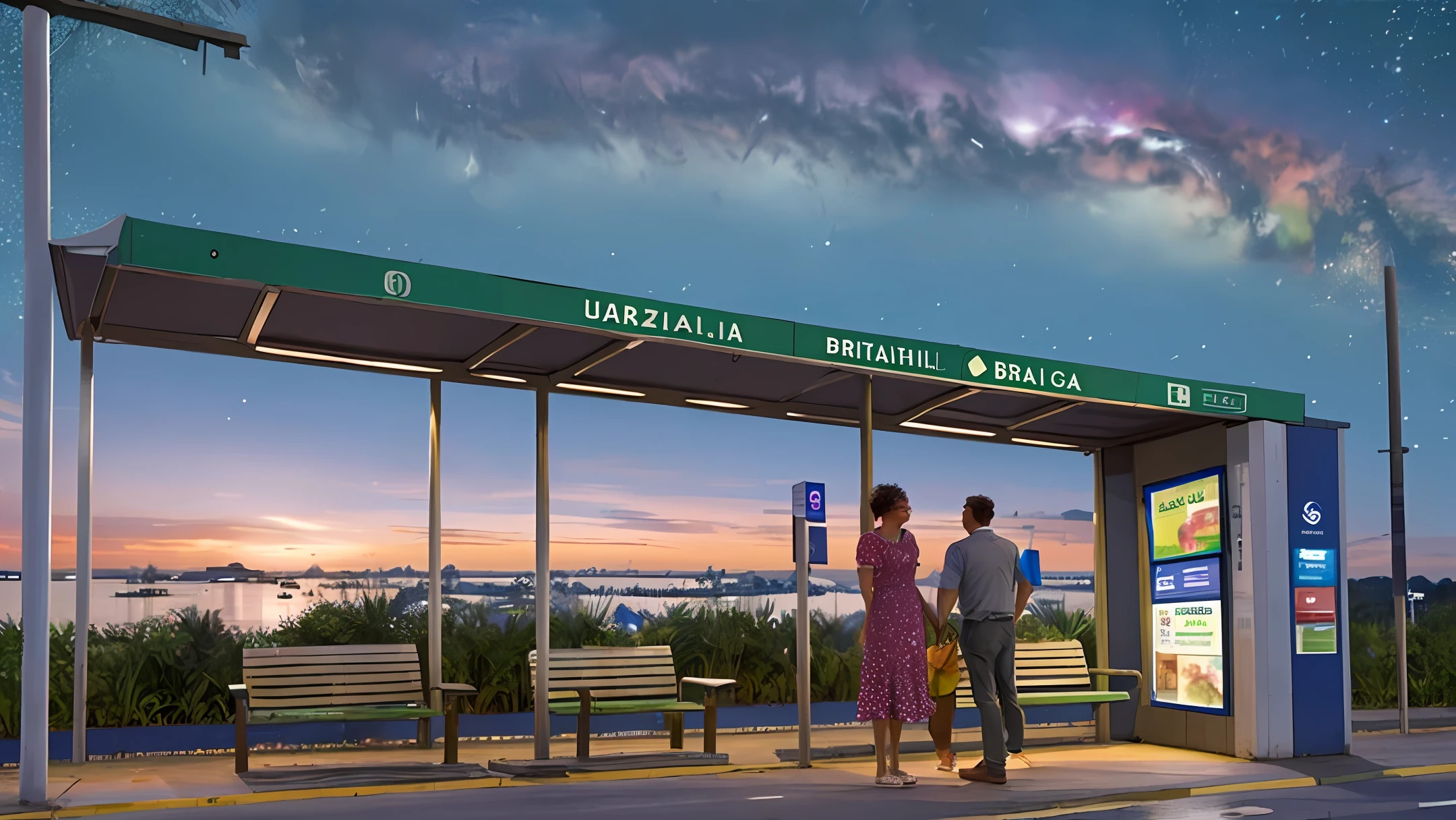 ultra realistic image of a couple talking at a brazilian bus stop at twilight, some stars in the sky