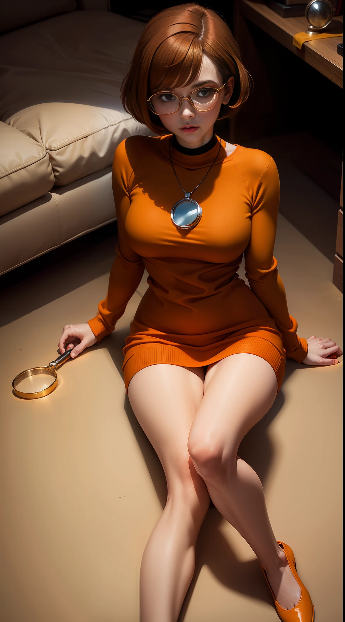 orange sweater, red dress, yellow underwear, velma dinkley with a magnifying glass porcuranco a clue on the floor
