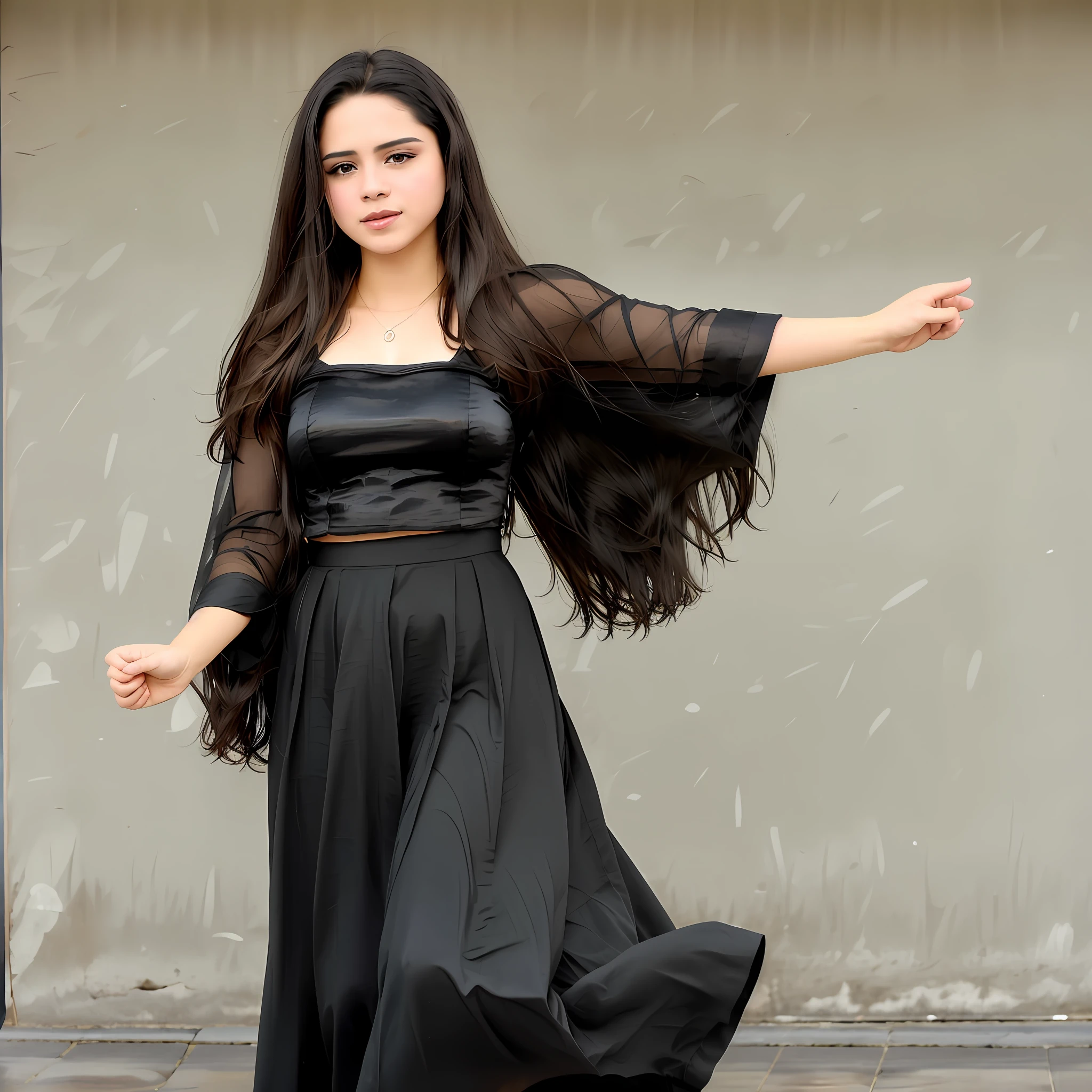 Beauty with semi-long black hair dancing Guatemalan dance