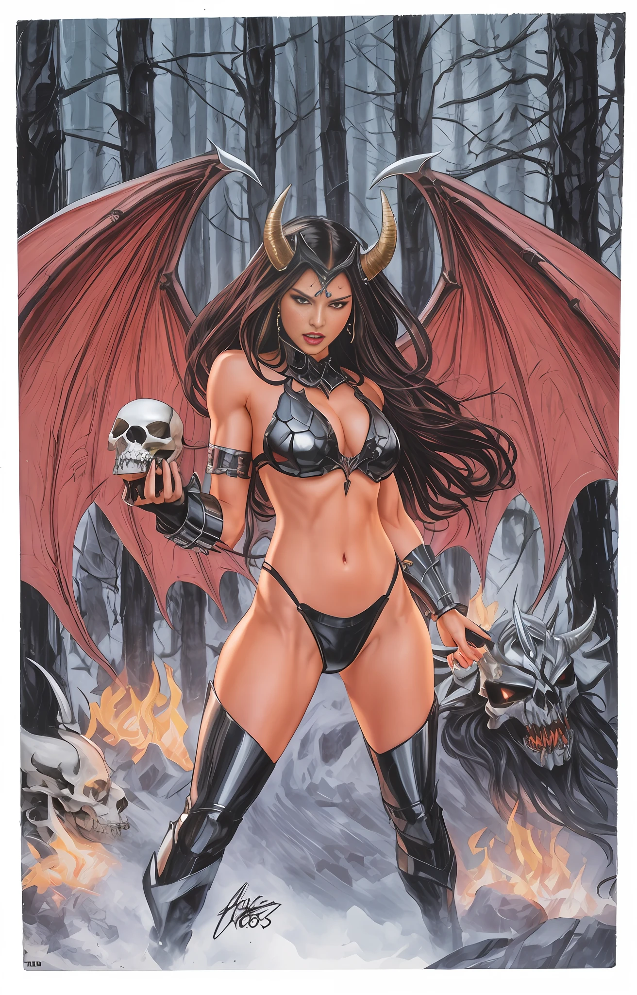 4K, y woman, long hair, metal armor, muscular body, expression of anger, horns on the head, dragon wings, holding skull.