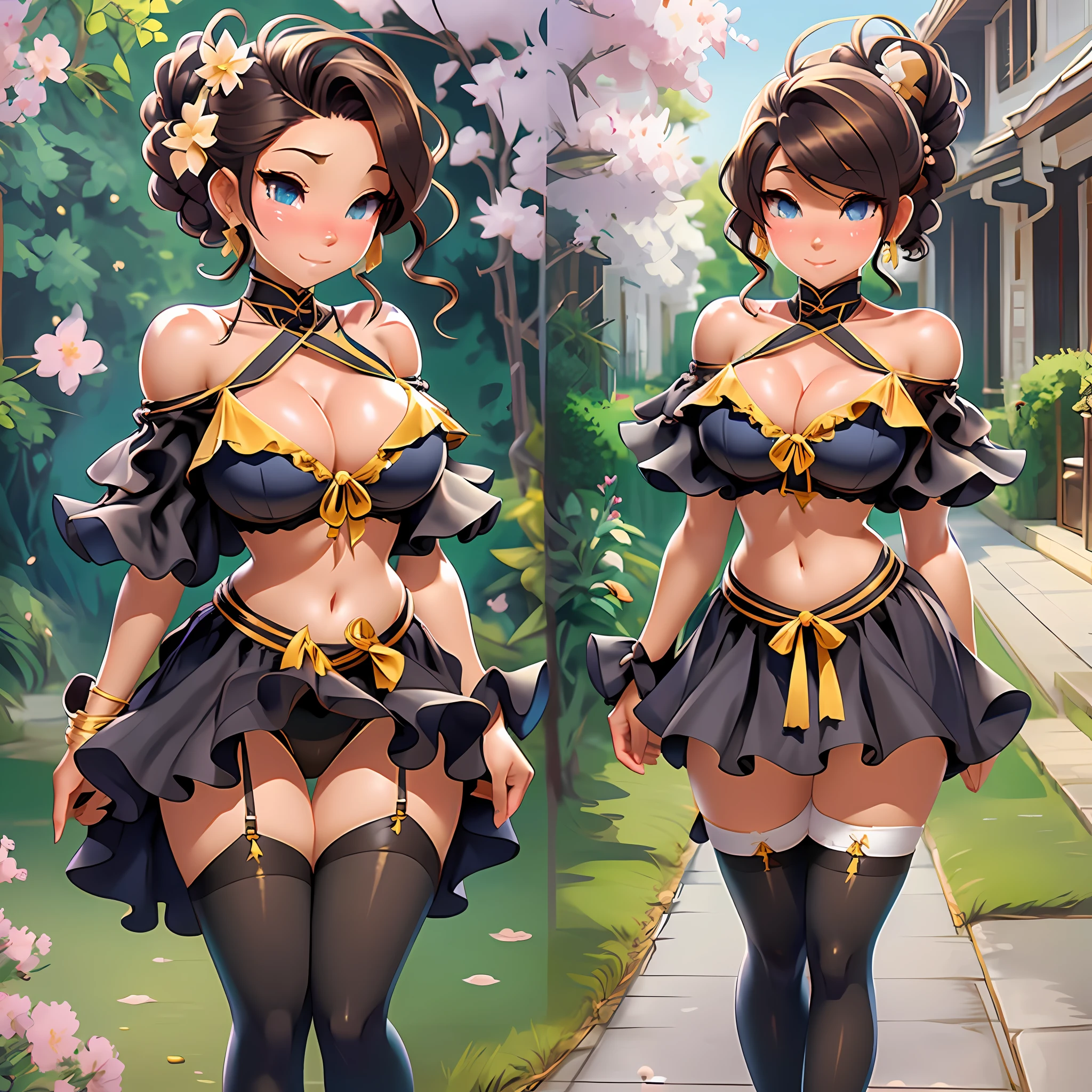 Beautiful beautiful girl, Androideighteen, ((off the shoulders)) updo hair, clevage, full body, split up to pelvis, cerr blossoms, bright sunny day, ecchi anime, frills and ribbons, gold jewelry