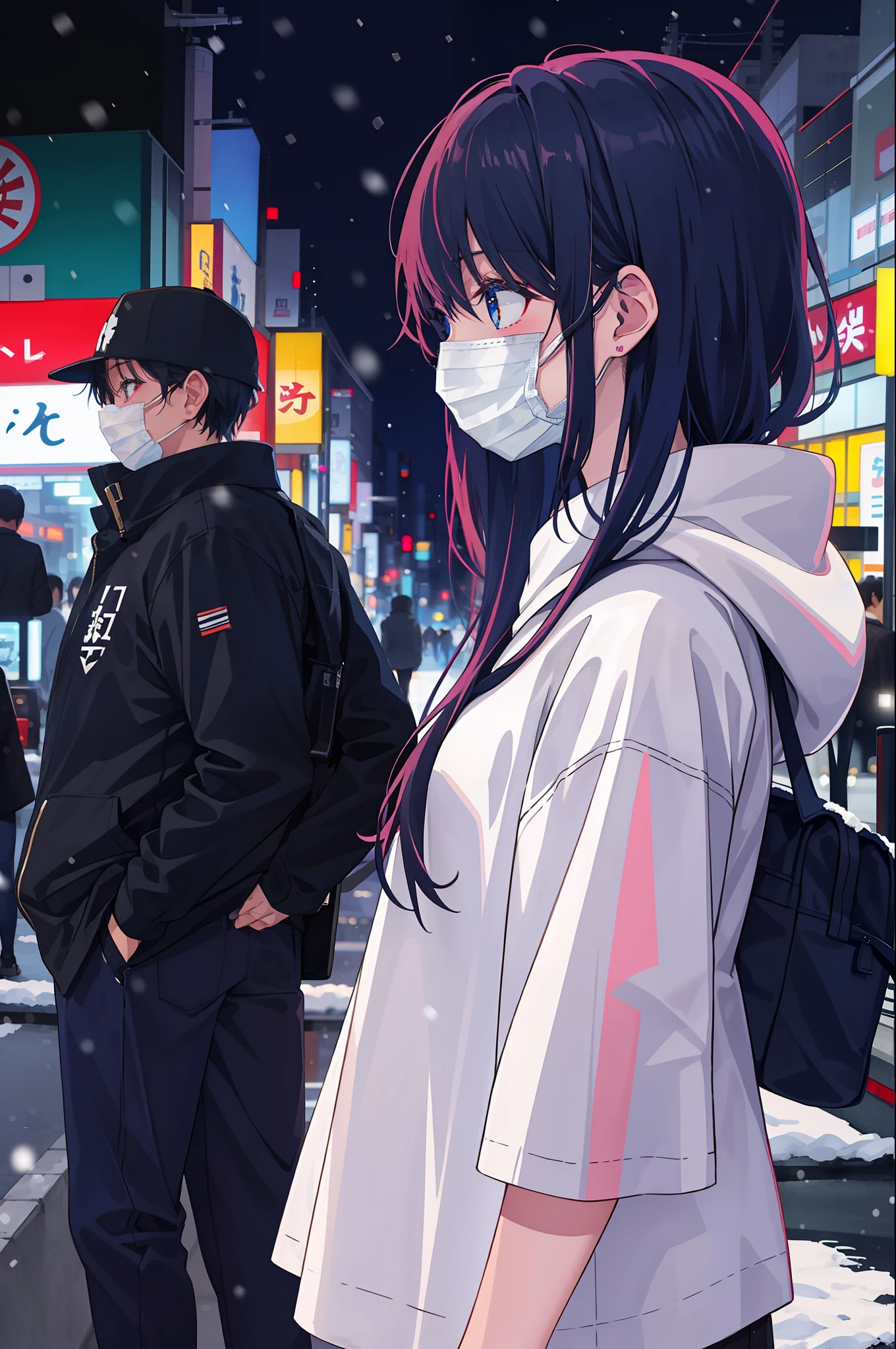 (1girl:1.2), side view, dark skin, white mask, tokyo city night background, city clothes, t-shirt design, snowing, urban ambiance