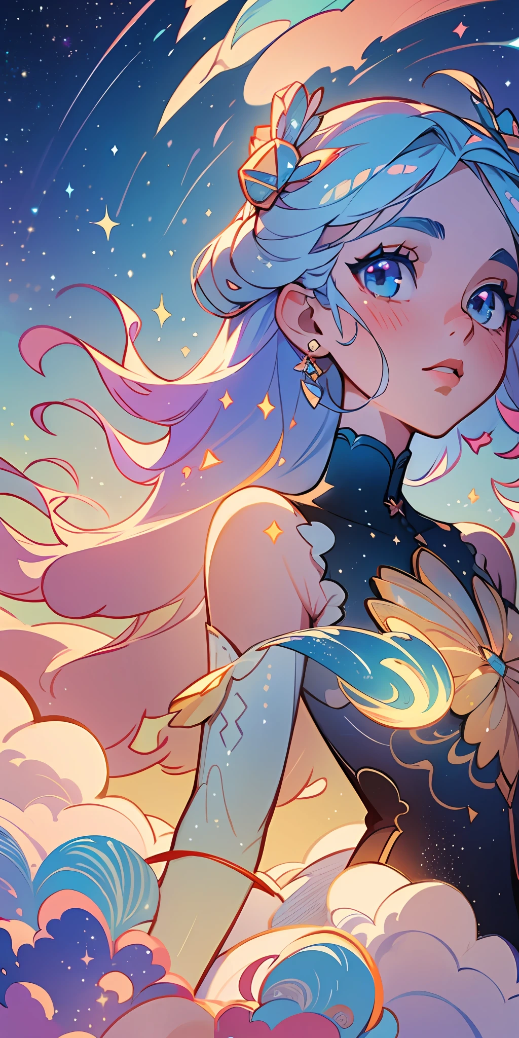 (best quality, masterpiece, best artist, best illustrator), 1girl, galaxy, glitter, dress, particle, clear blue sky with clouds, amazing detailed particles, detailed eyes, extremely detailed 8k CG unit wallpaper, paradisiacal backdrop